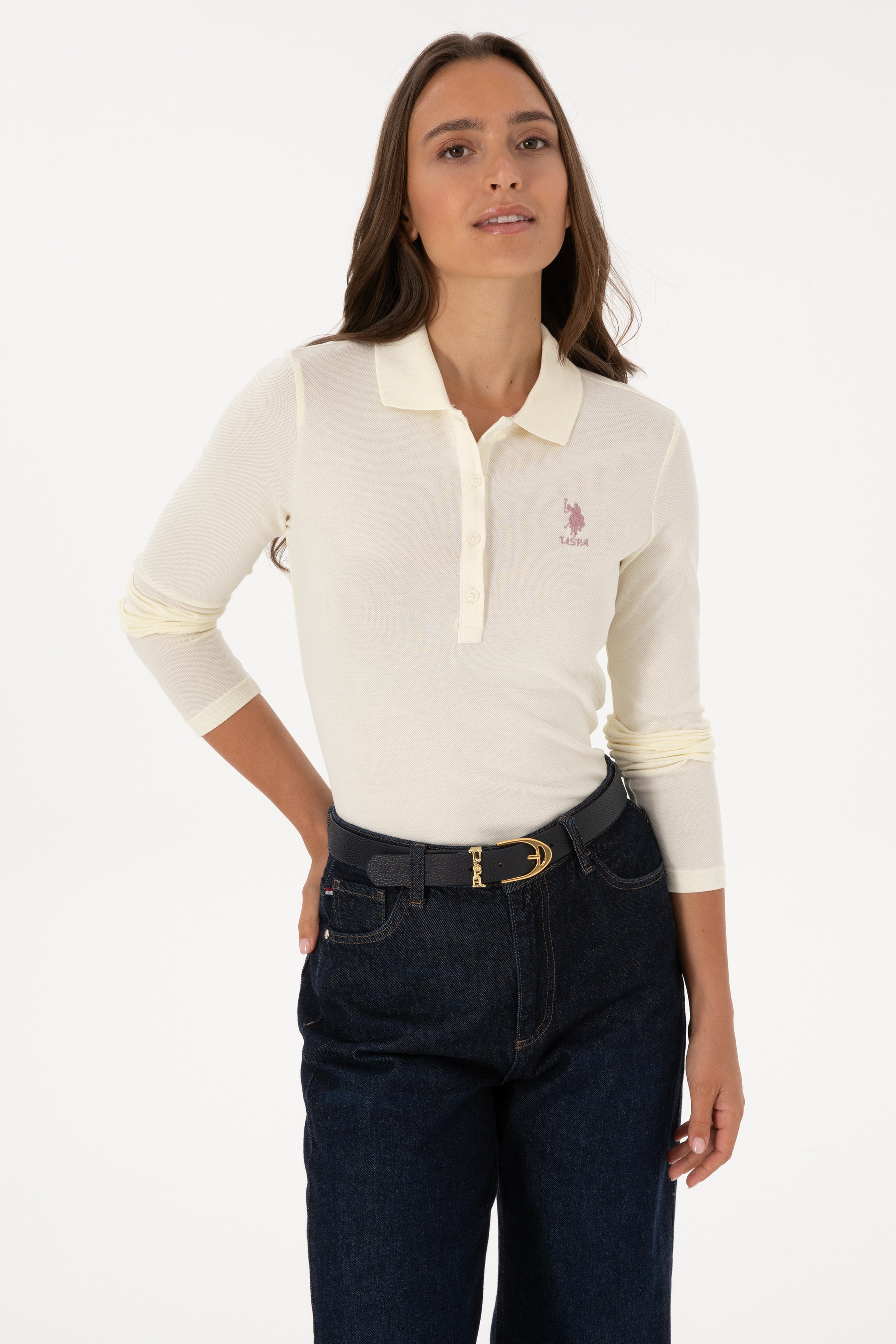 Kadın Krem Basic Polo Yaka Sweatshırt