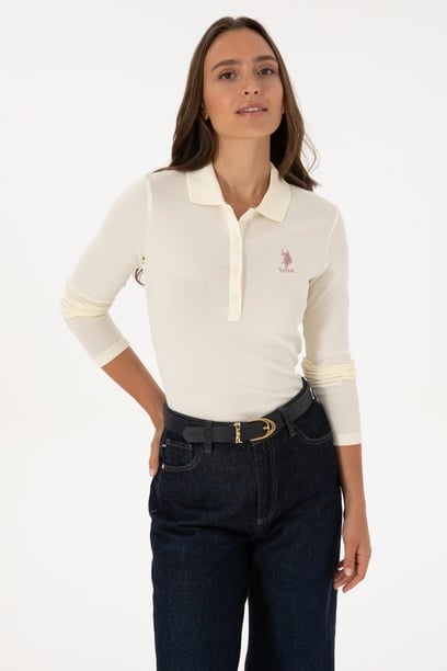 Kadın Krem Basic Polo Yaka Sweatshırt