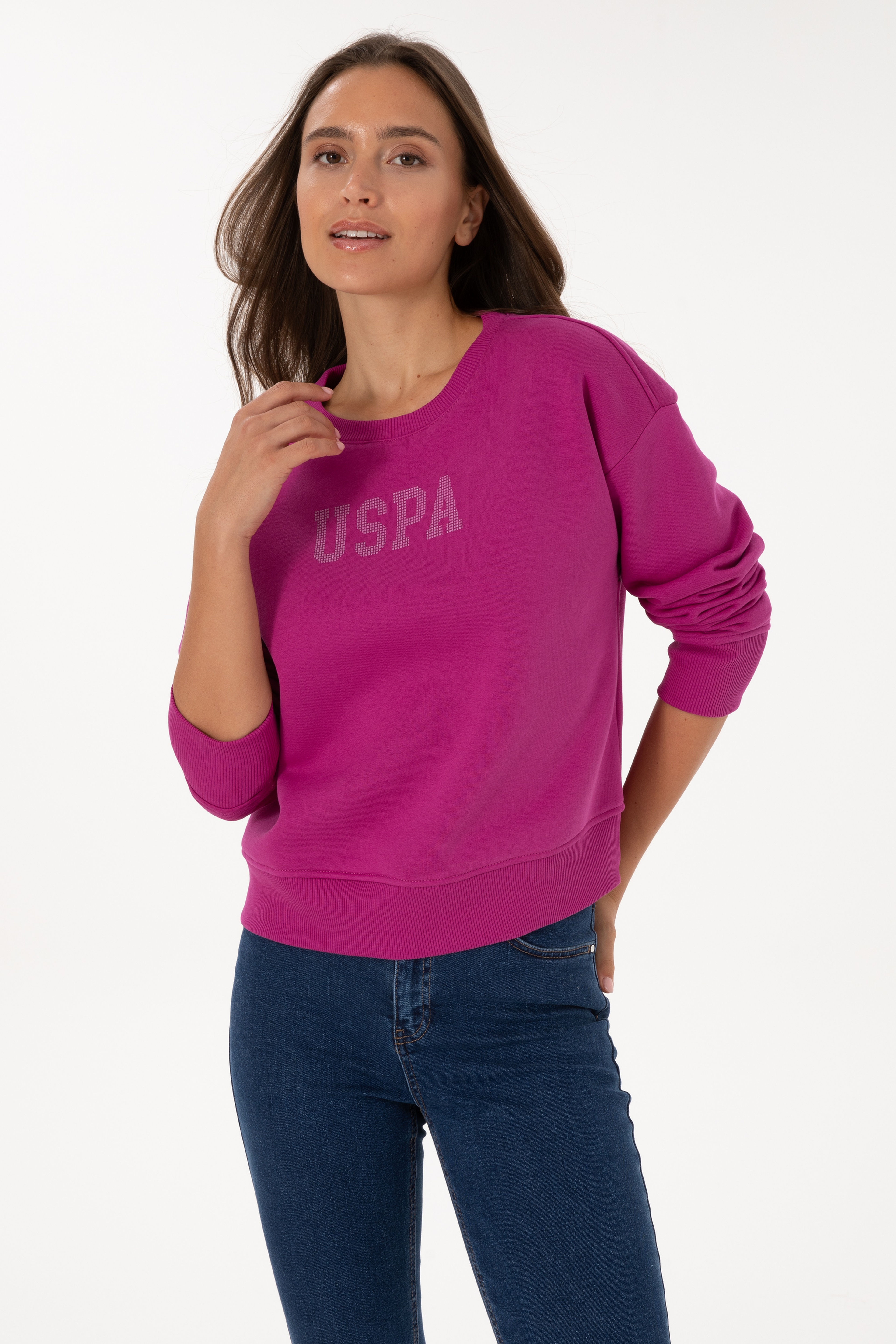 Kadın Fuşya Bisiklet Yaka Basic Sweatshirt - Image 3