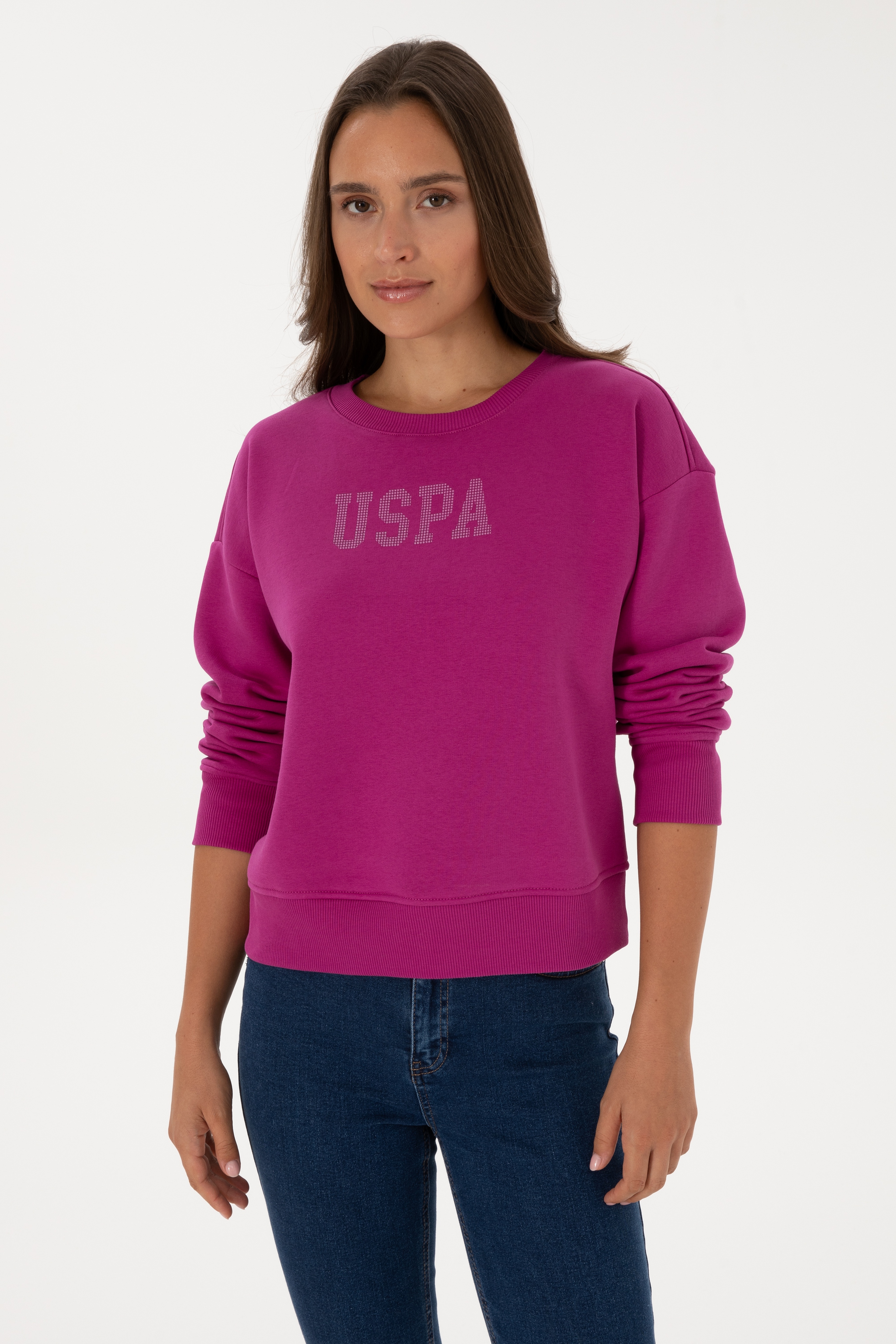 Kadın Fuşya Bisiklet Yaka Basic Sweatshirt - Image 1