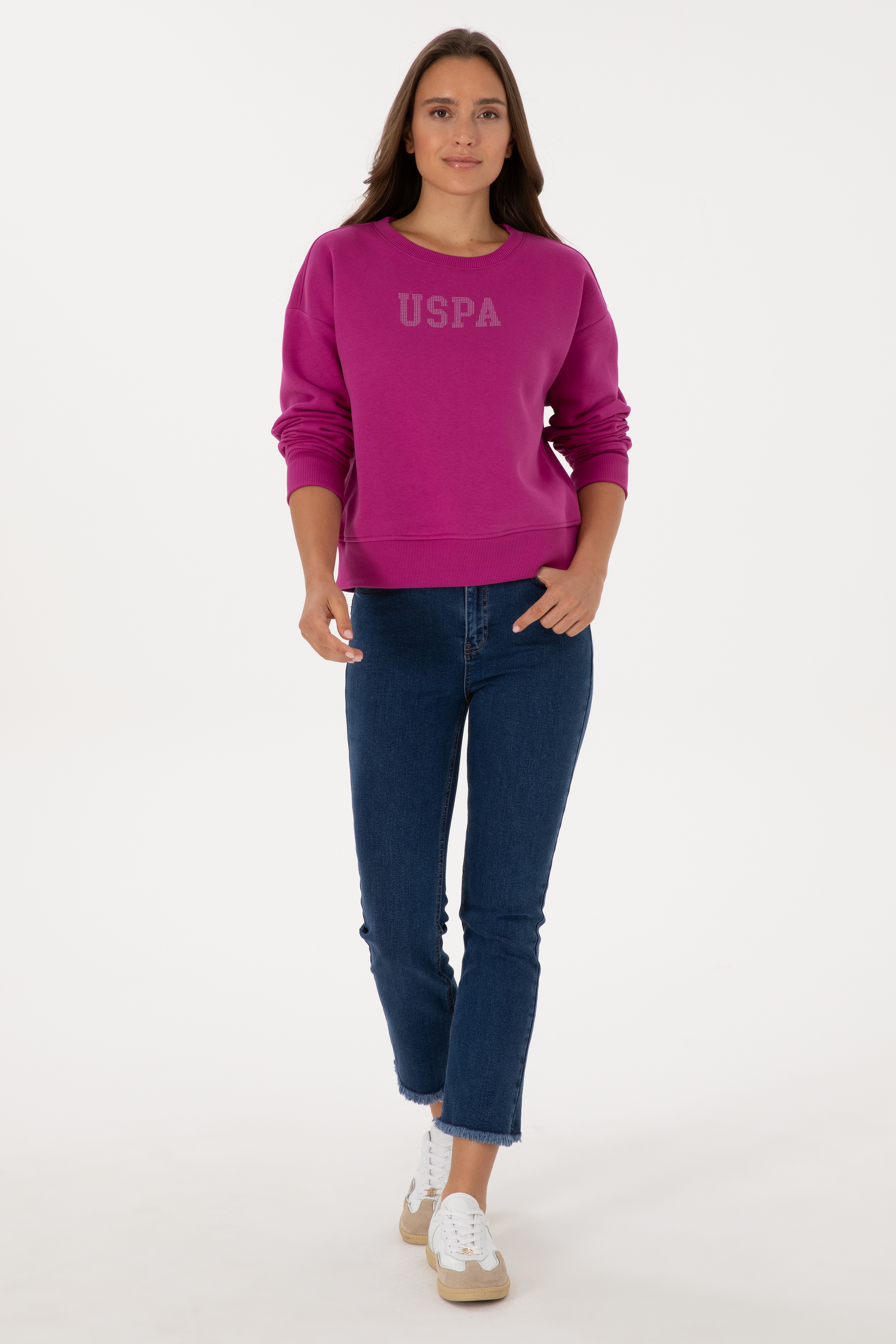 Kadın Fuşya Bisiklet Yaka Basic Sweatshirt - Image 4