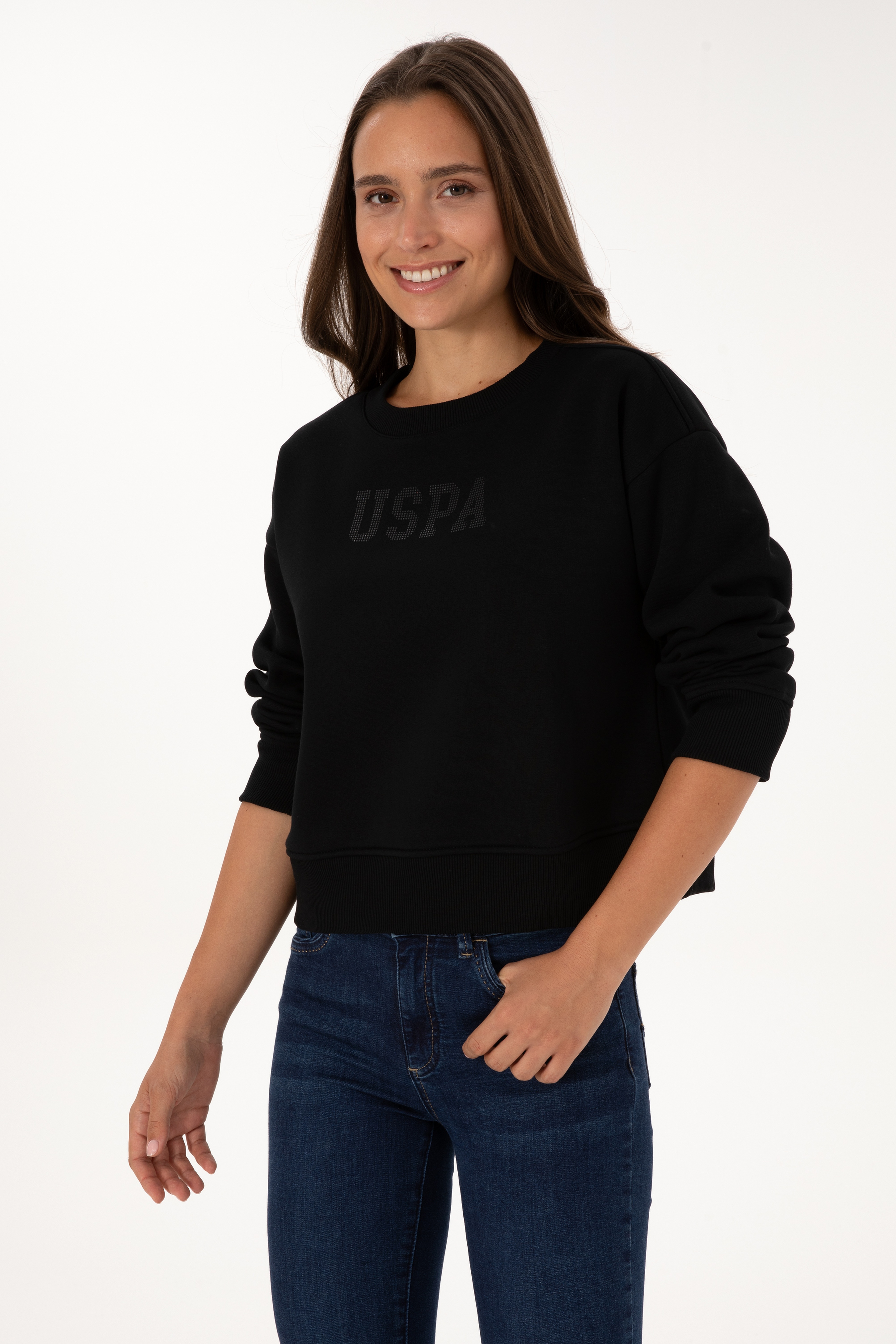 Kadın Siyah Bisiklet Yaka Basic Sweatshirt - Image 1