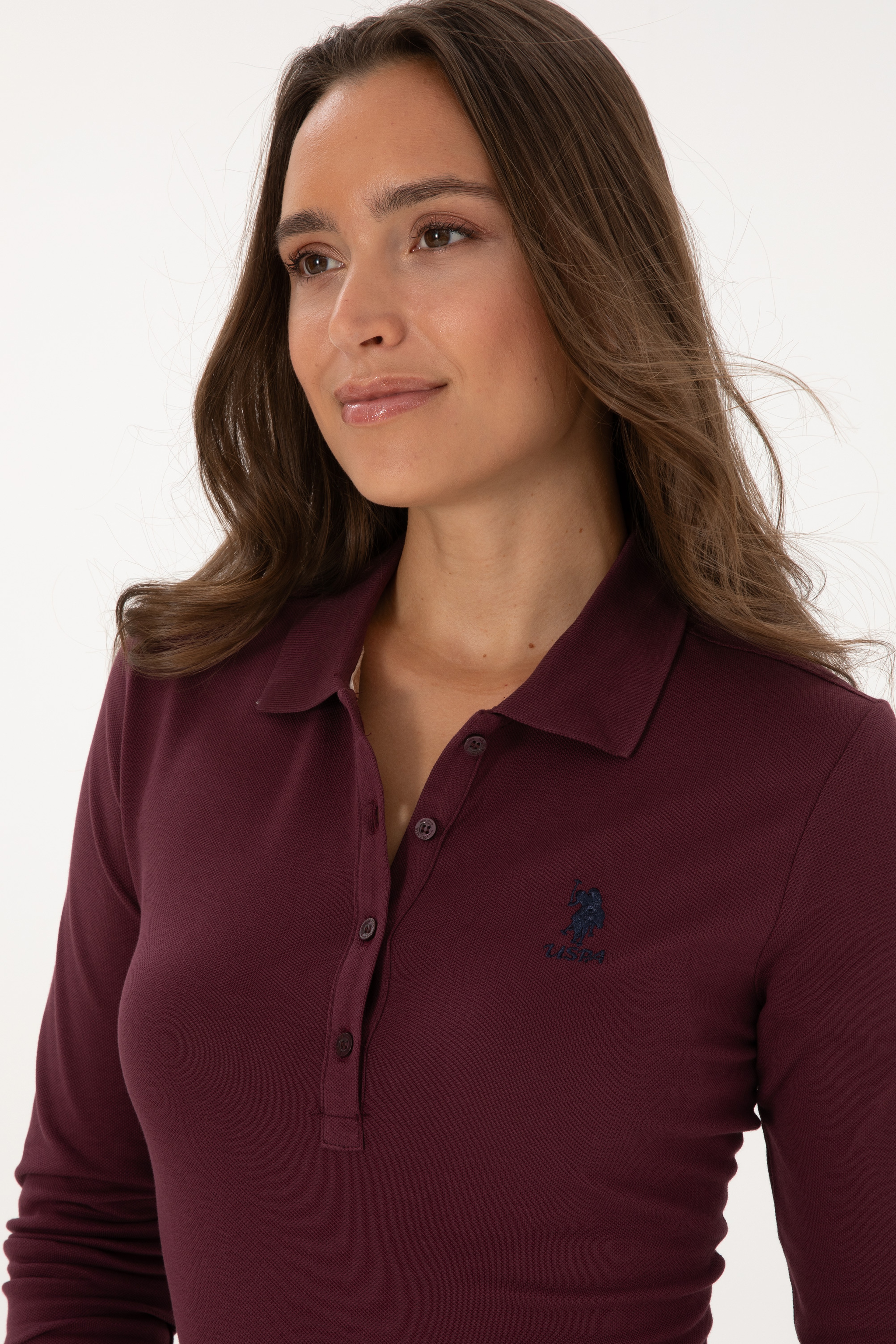 Kadın Bordo Basic Polo Yaka Sweatshırt - Image 2
