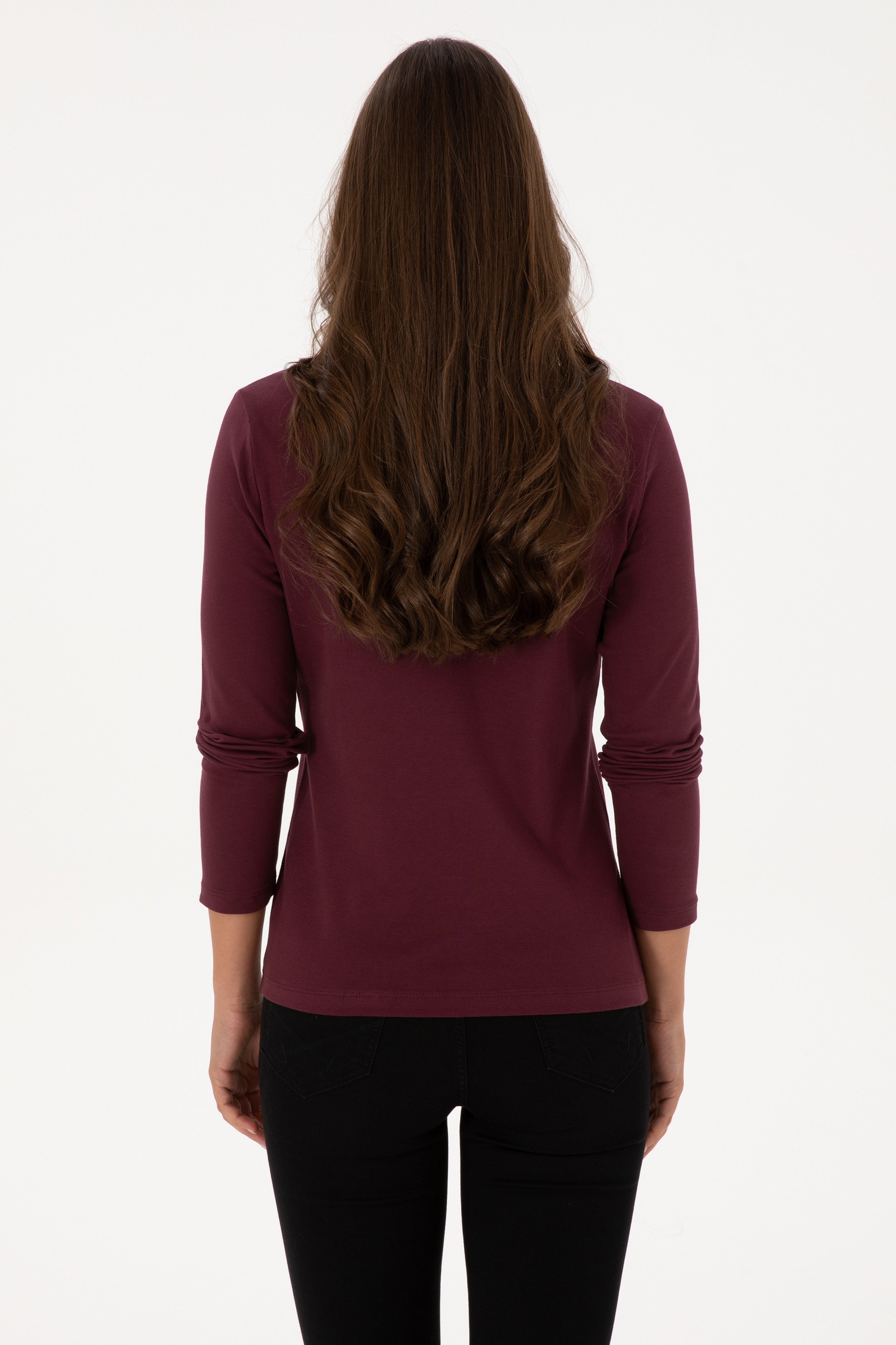 Kadın Bordo Basic Polo Yaka Sweatshırt - Image 5
