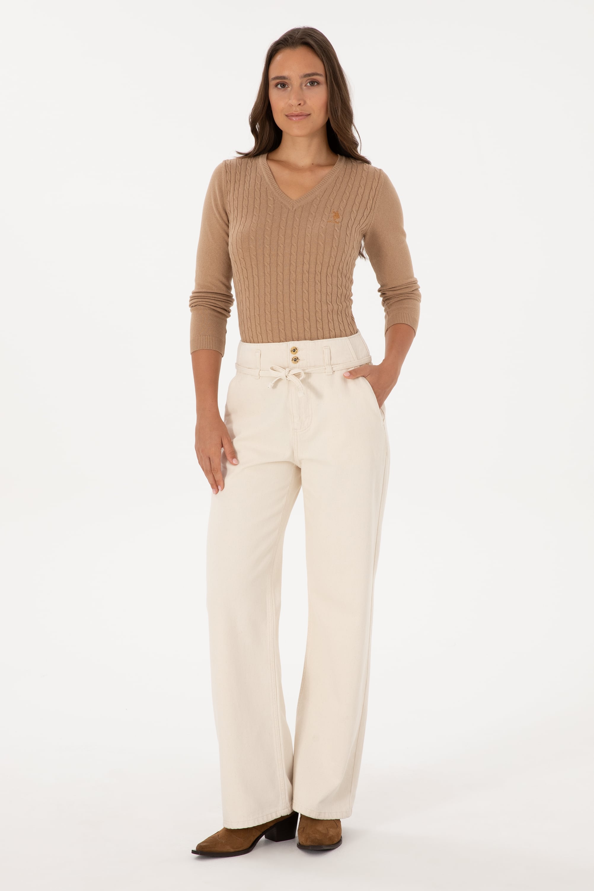Kadın Ekru Loose Fit Jean Pantolon