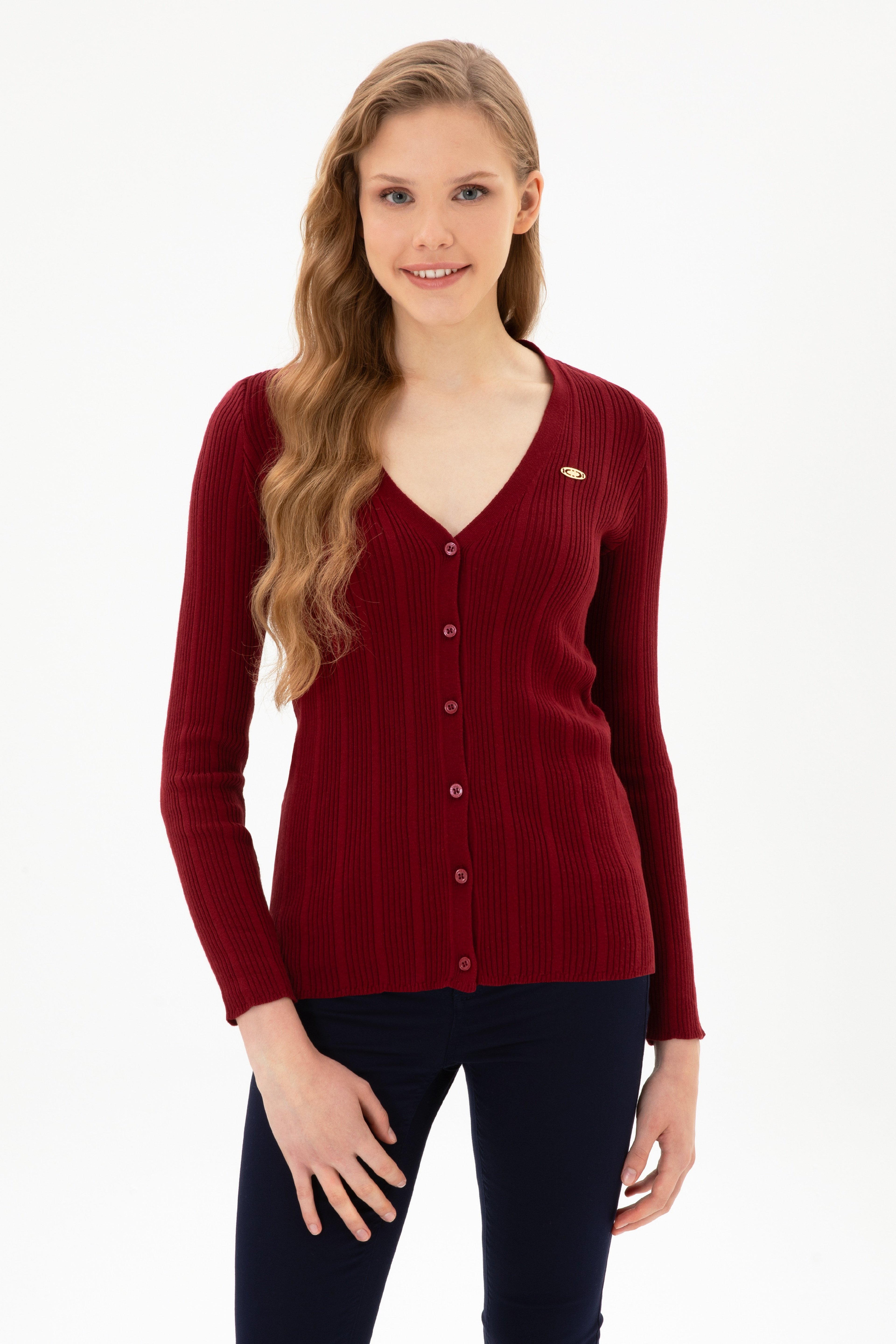 Kadın Bordo Basic Triko Hırka - Image 1