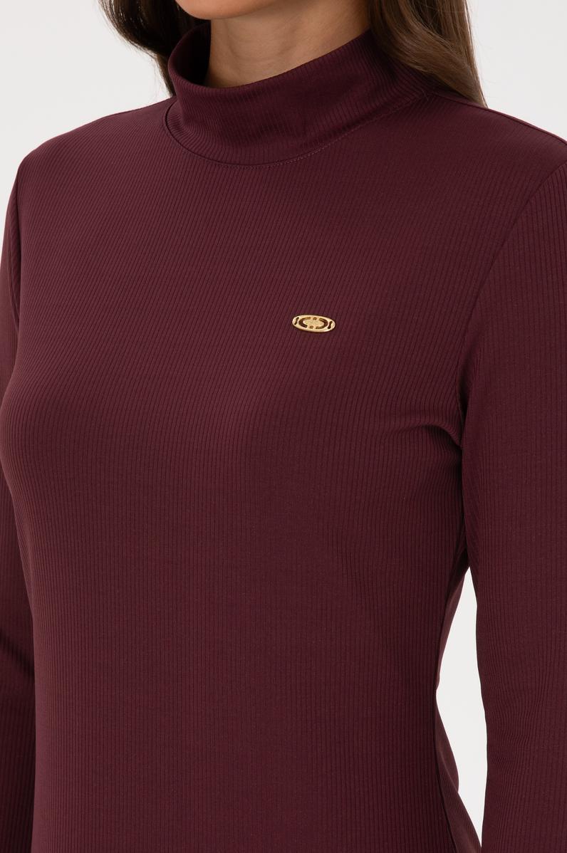 Kadın Bordo Yırtmaçlı Dik Yaka Midi Boy Örme Elbise