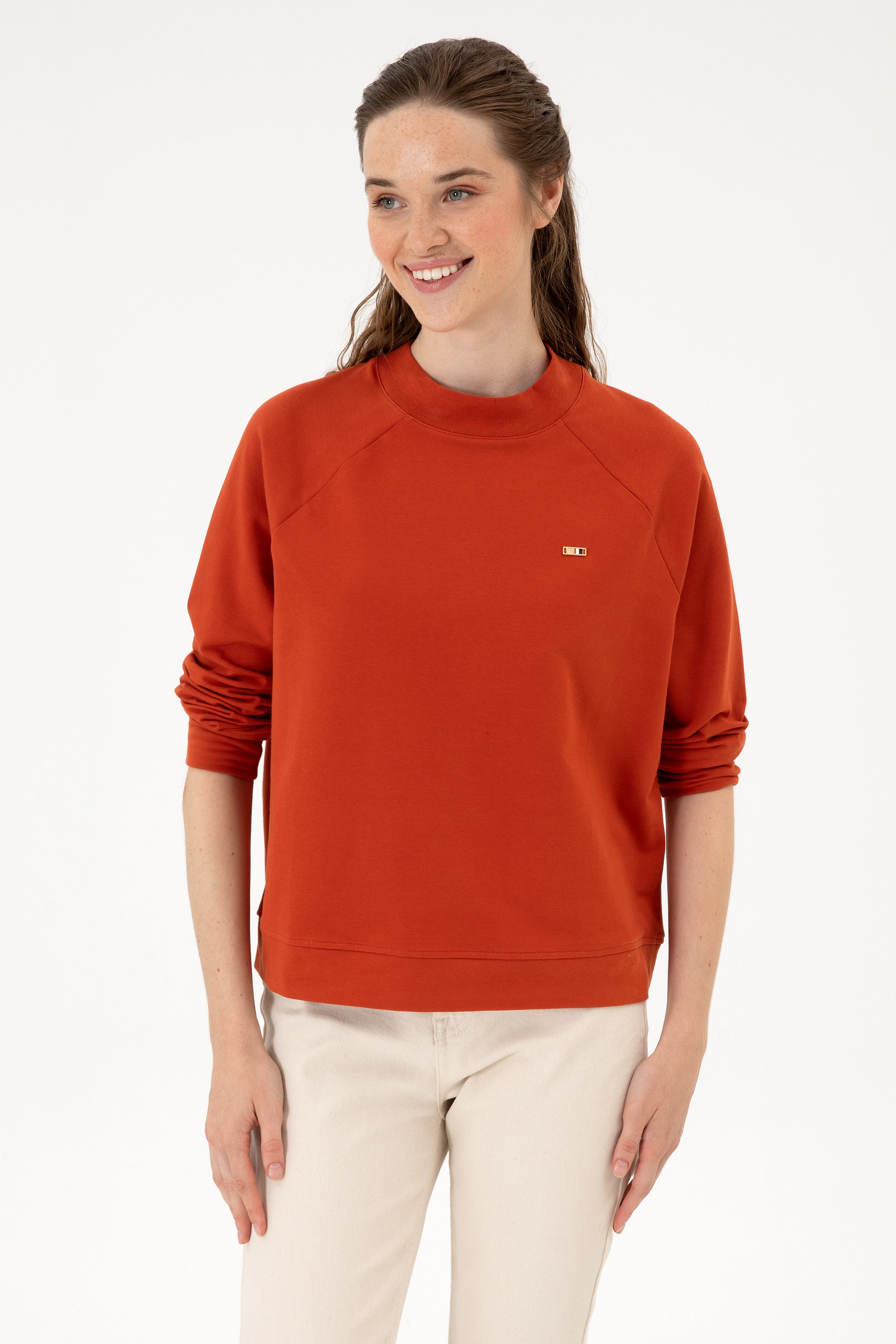 Kadın Kiremit Regular Bisiklet Yaka Basic Sweatshırt - Image 1