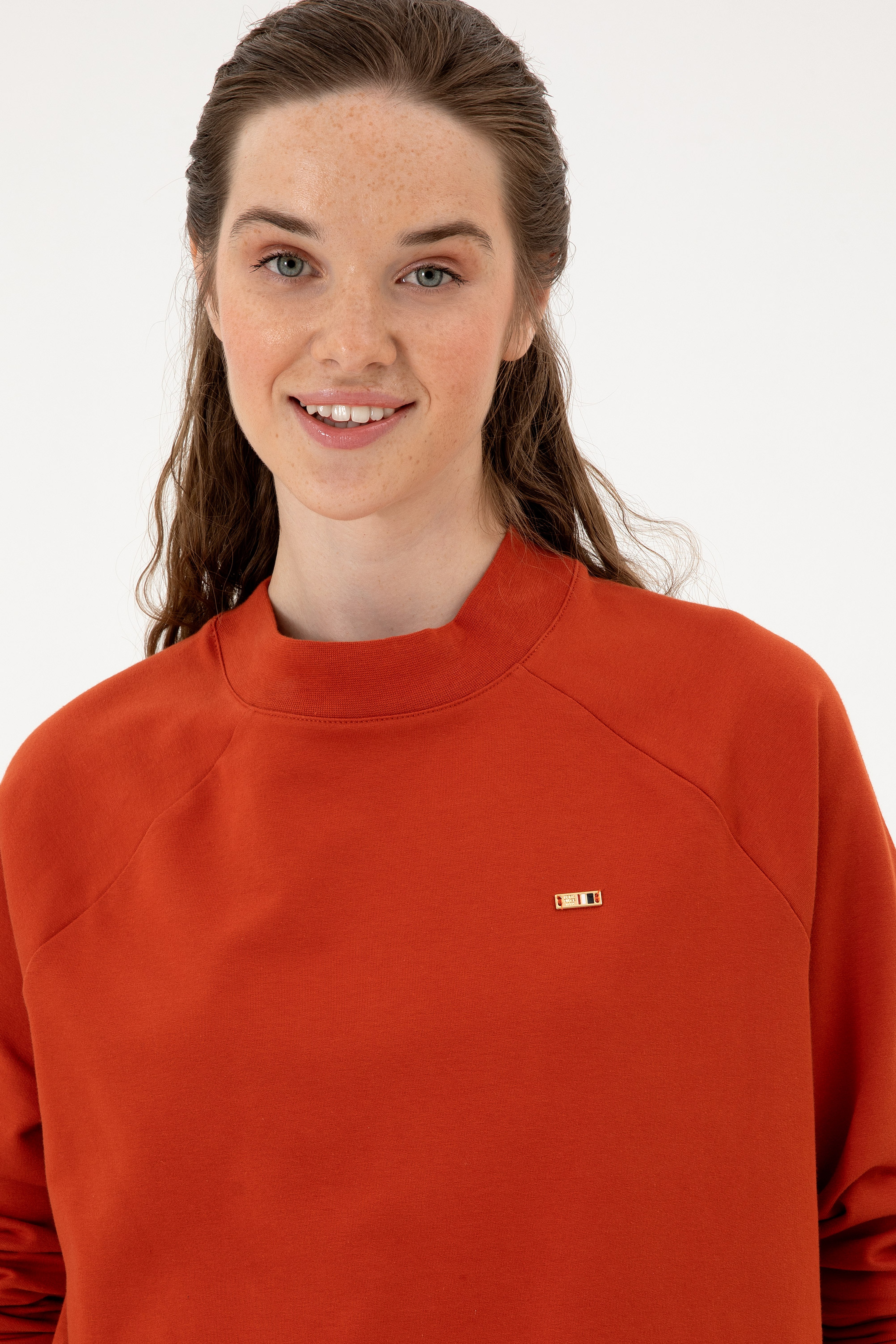 Kadın Kiremit Regular Bisiklet Yaka Basic Sweatshırt - Image 2