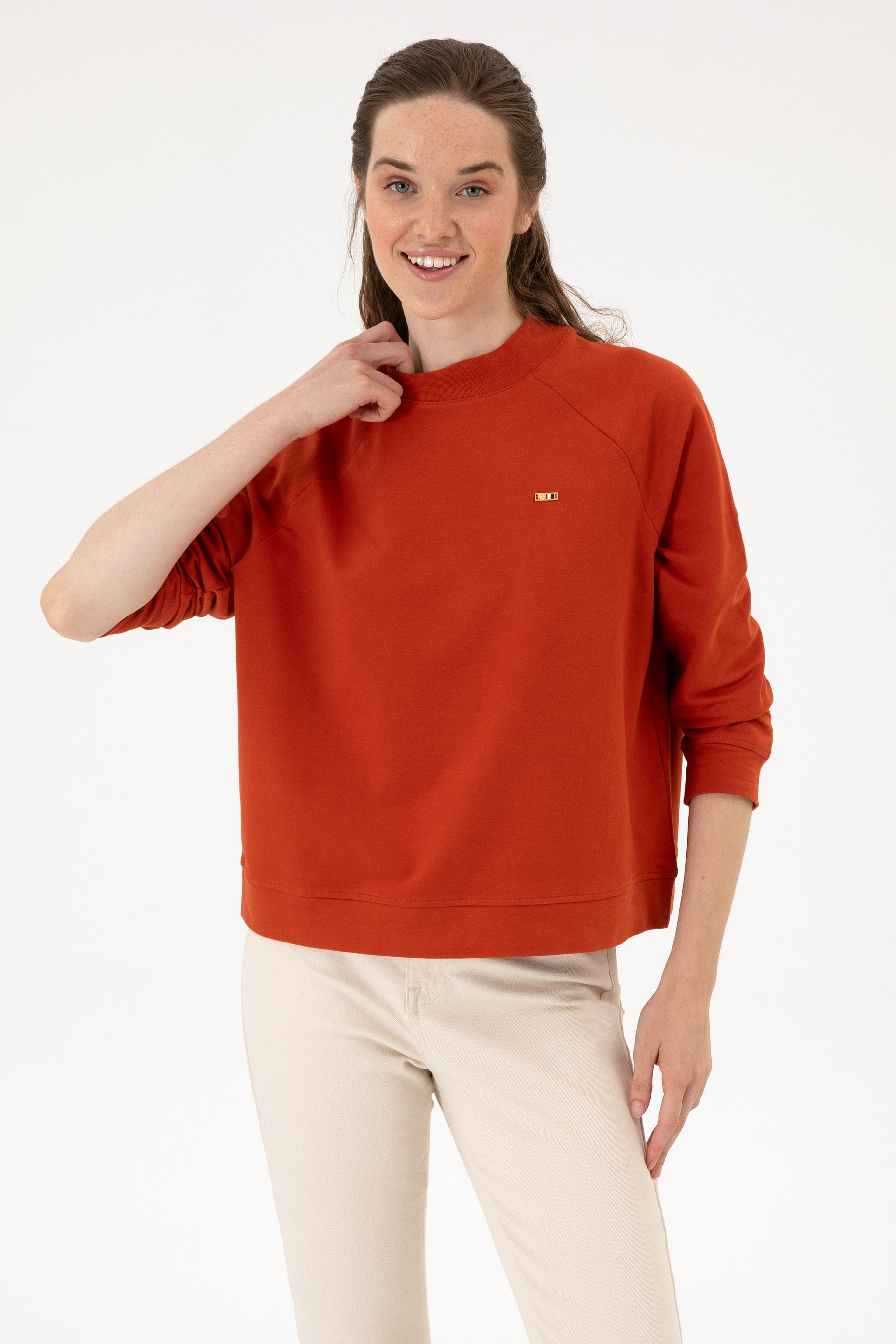 Kadın Kiremit Regular Bisiklet Yaka Basic Sweatshırt - Image 3