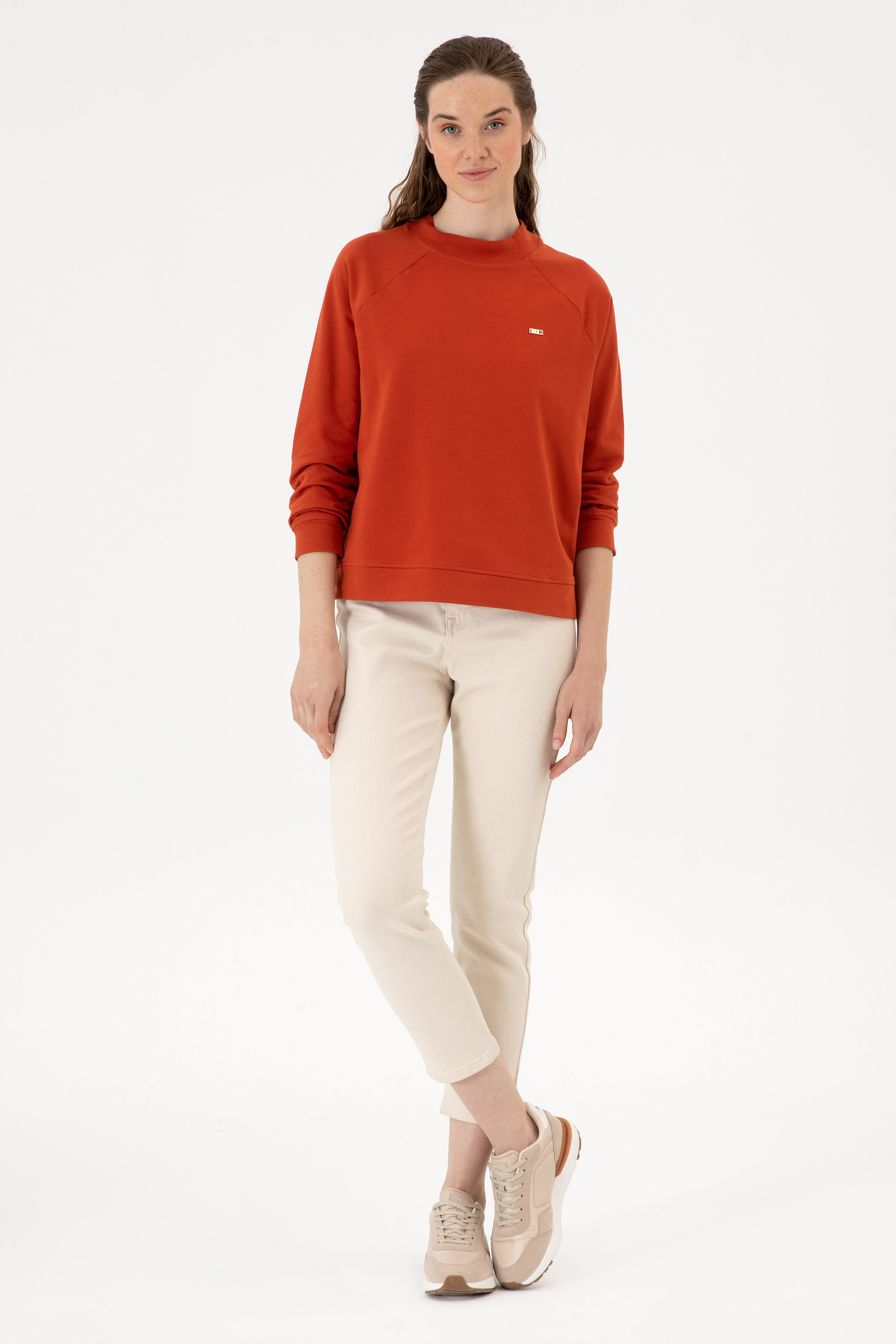 Kadın Kiremit Regular Bisiklet Yaka Basic Sweatshırt - Image 4