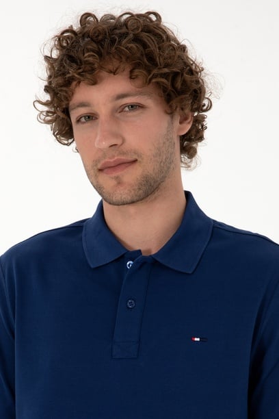 Erkek Regular Fit Polo Yaka İndigo Basic Sweatshirt