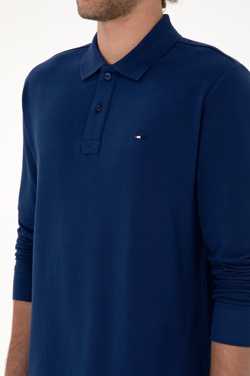 Erkek Regular Fit Polo Yaka İndigo Basic Sweatshirt