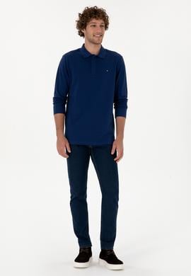 Erkek Regular Fit Polo Yaka İndigo Basic Sweatshirt - 50315941046