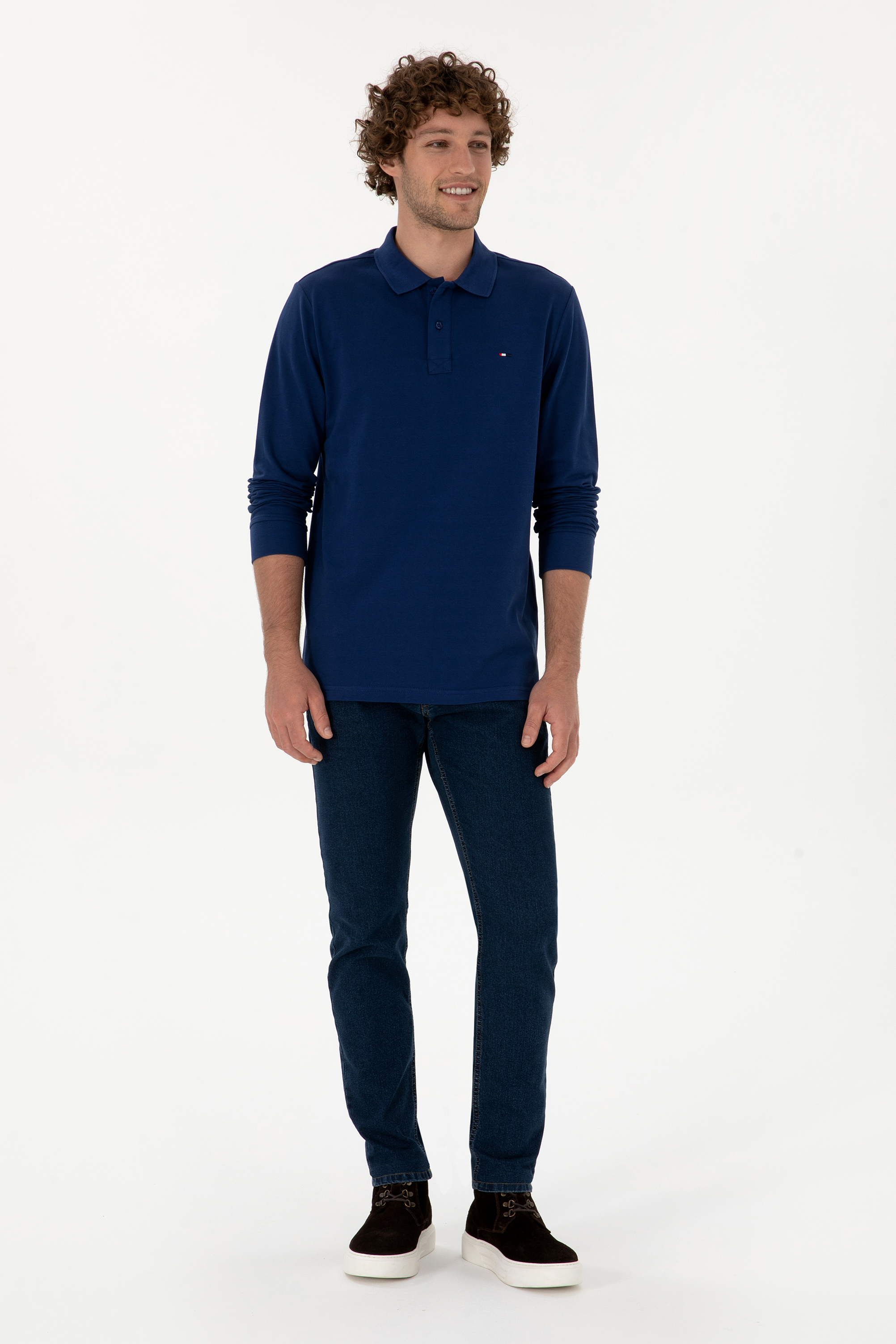 Erkek Regular Fit Polo Yaka İndigo Basic Sweatshirt - Image 4