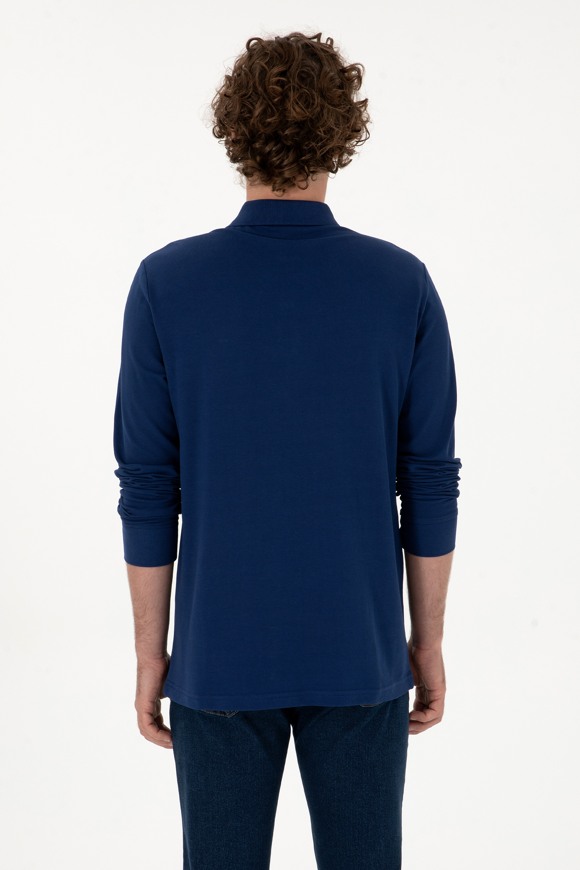 Erkek Regular Fit Polo Yaka İndigo Basic Sweatshirt - Image 5