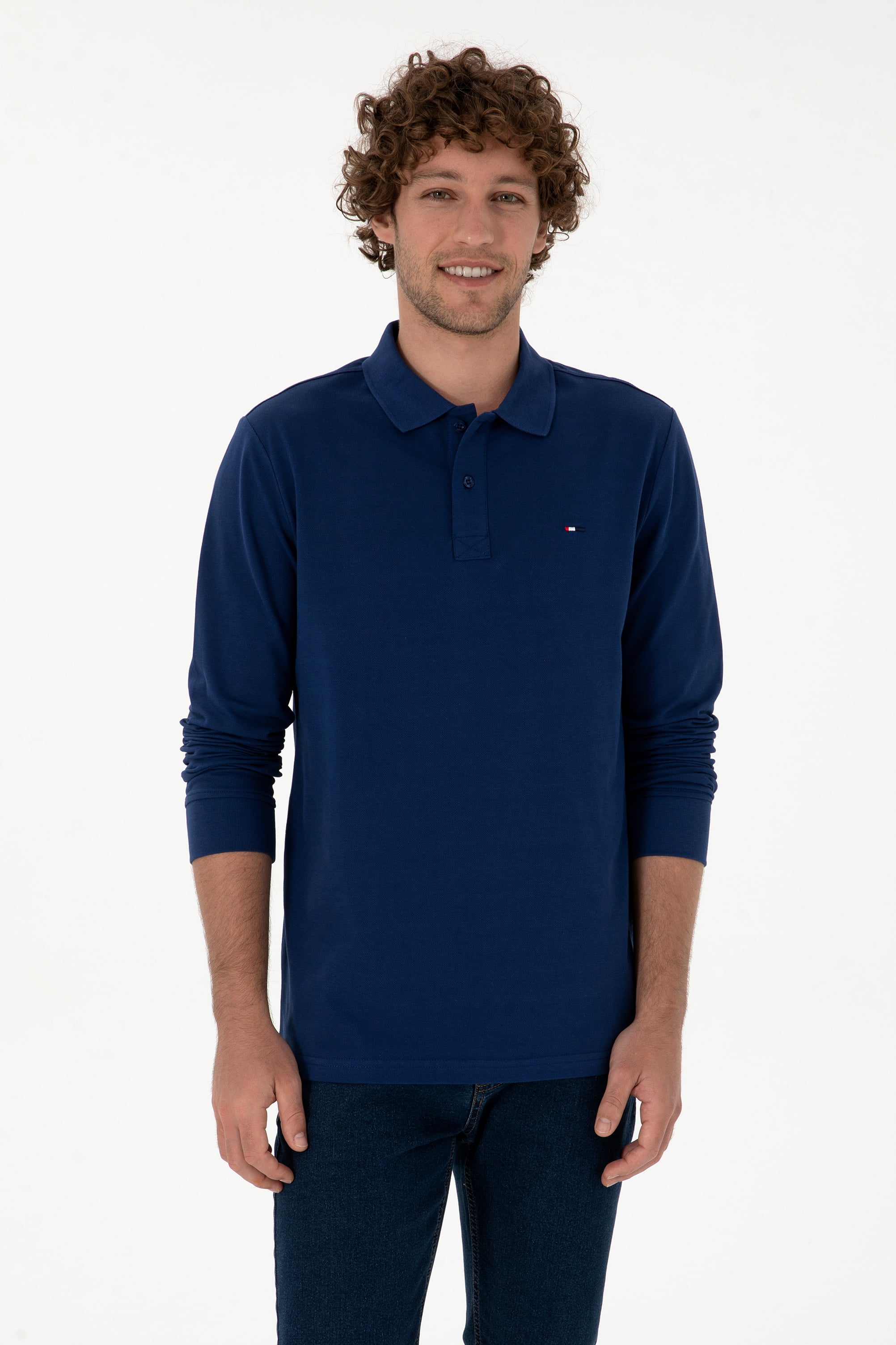 Erkek Regular Fit Polo Yaka İndigo Basic Sweatshirt - Image 3