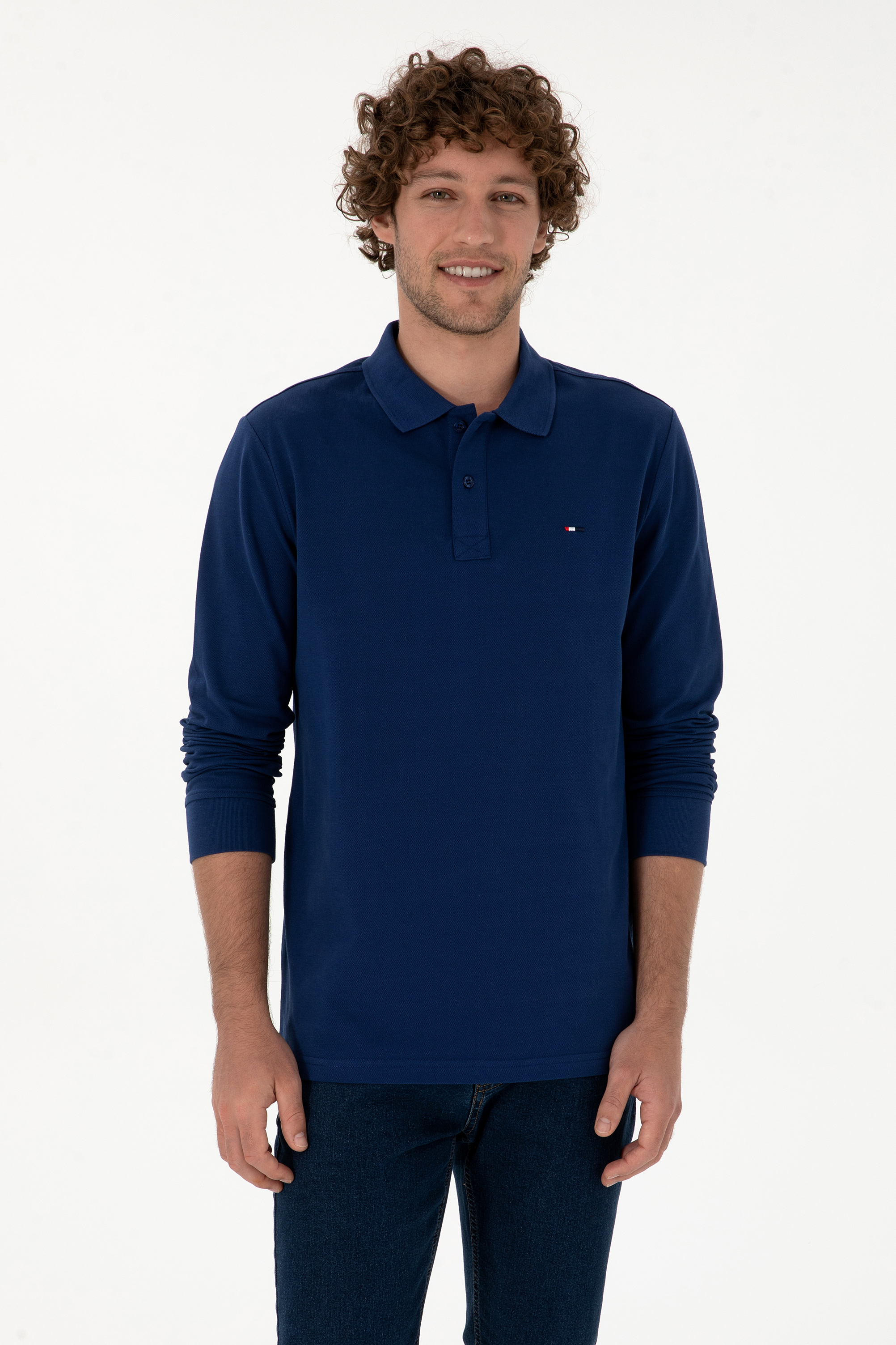Erkek Regular Fit Polo Yaka İndigo Basic Sweatshirt