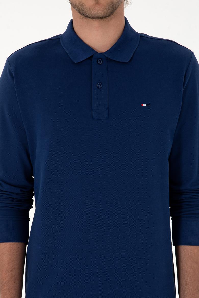 Erkek Regular Fit Polo Yaka İndigo Basic Sweatshirt - 50315941046