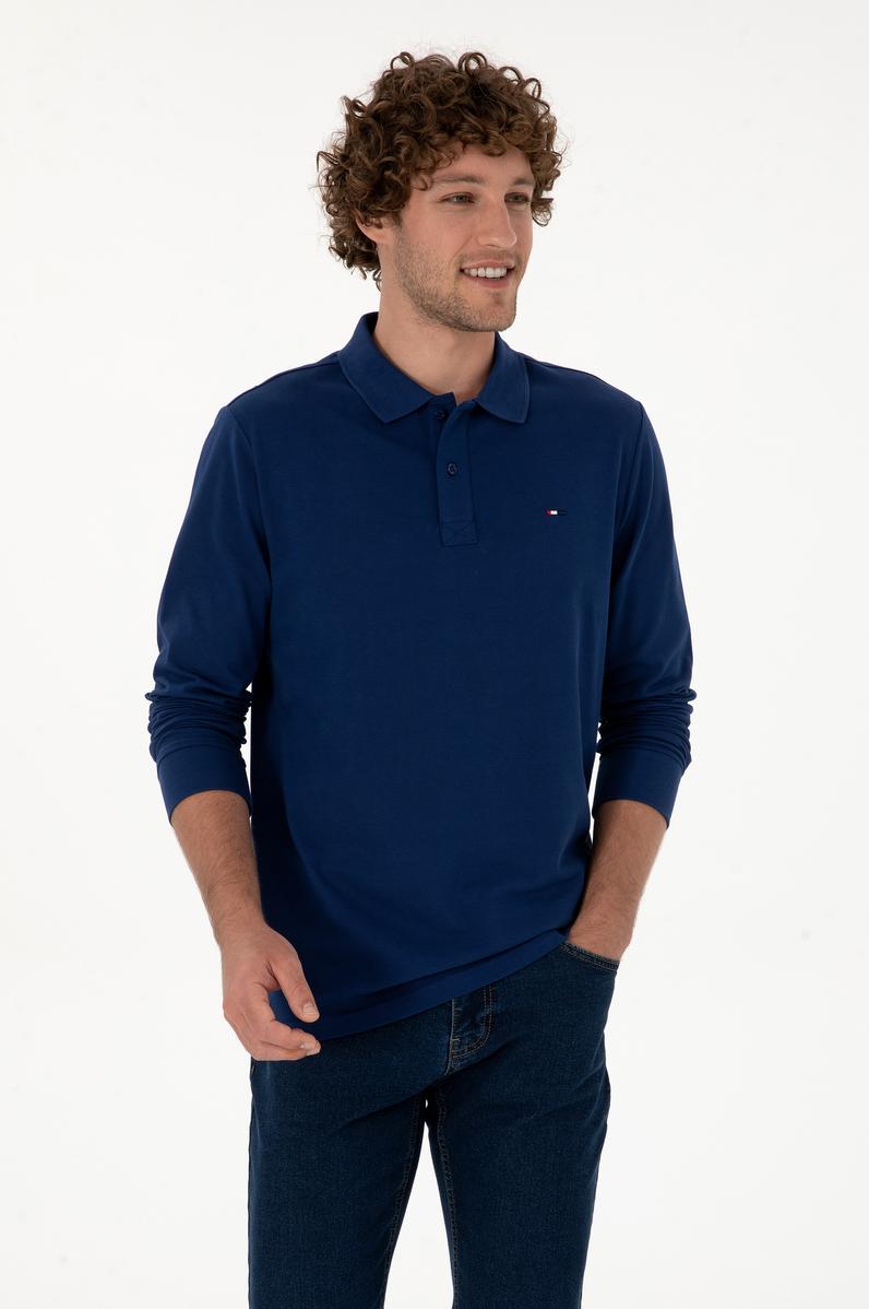 Erkek Regular Fit Polo Yaka İndigo Basic Sweatshirt