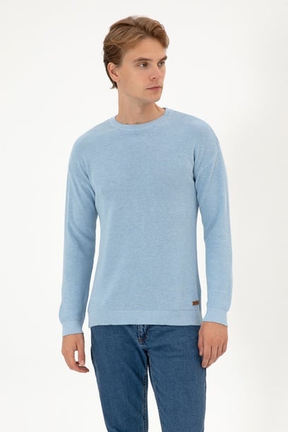 Erkek Comfort Fit Bisiklet Yaka Açık Mavi Melanj Basic Kazak