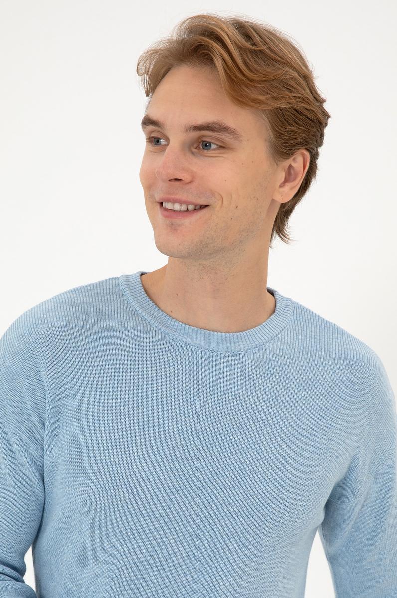 Erkek Comfort Fit Bisiklet Yaka Açık Mavi Melanj Basic Kazak