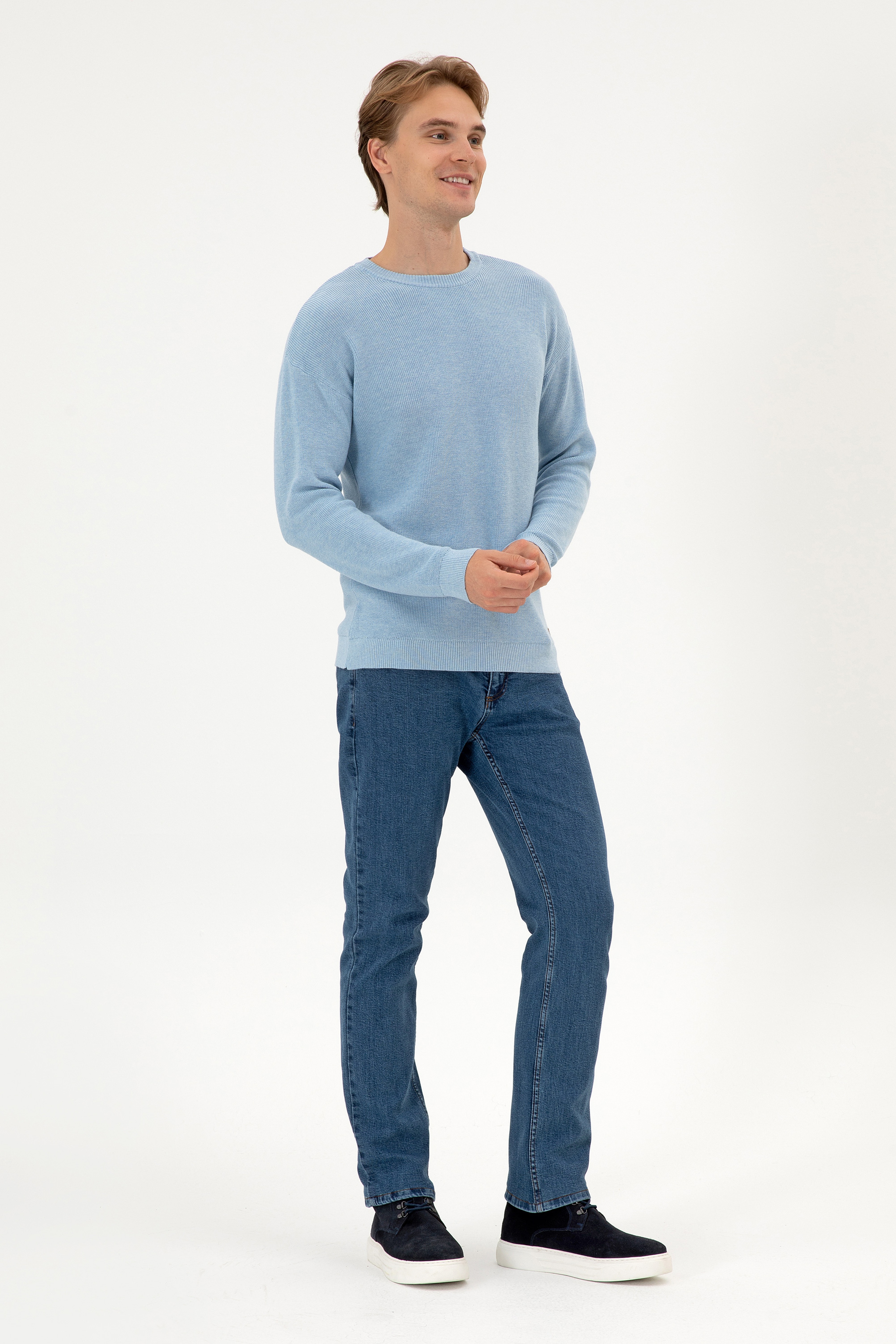 Erkek Comfort Fit Bisiklet Yaka Açık Mavi Melanj Basic Kazak - Image 4