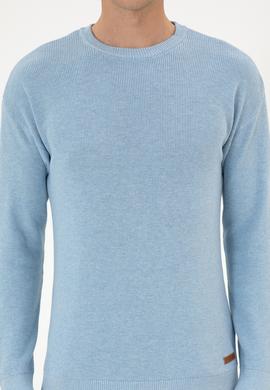 Erkek Comfort Fit Bisiklet Yaka Açık Mavi Melanj Basic Kazak - 50313679017