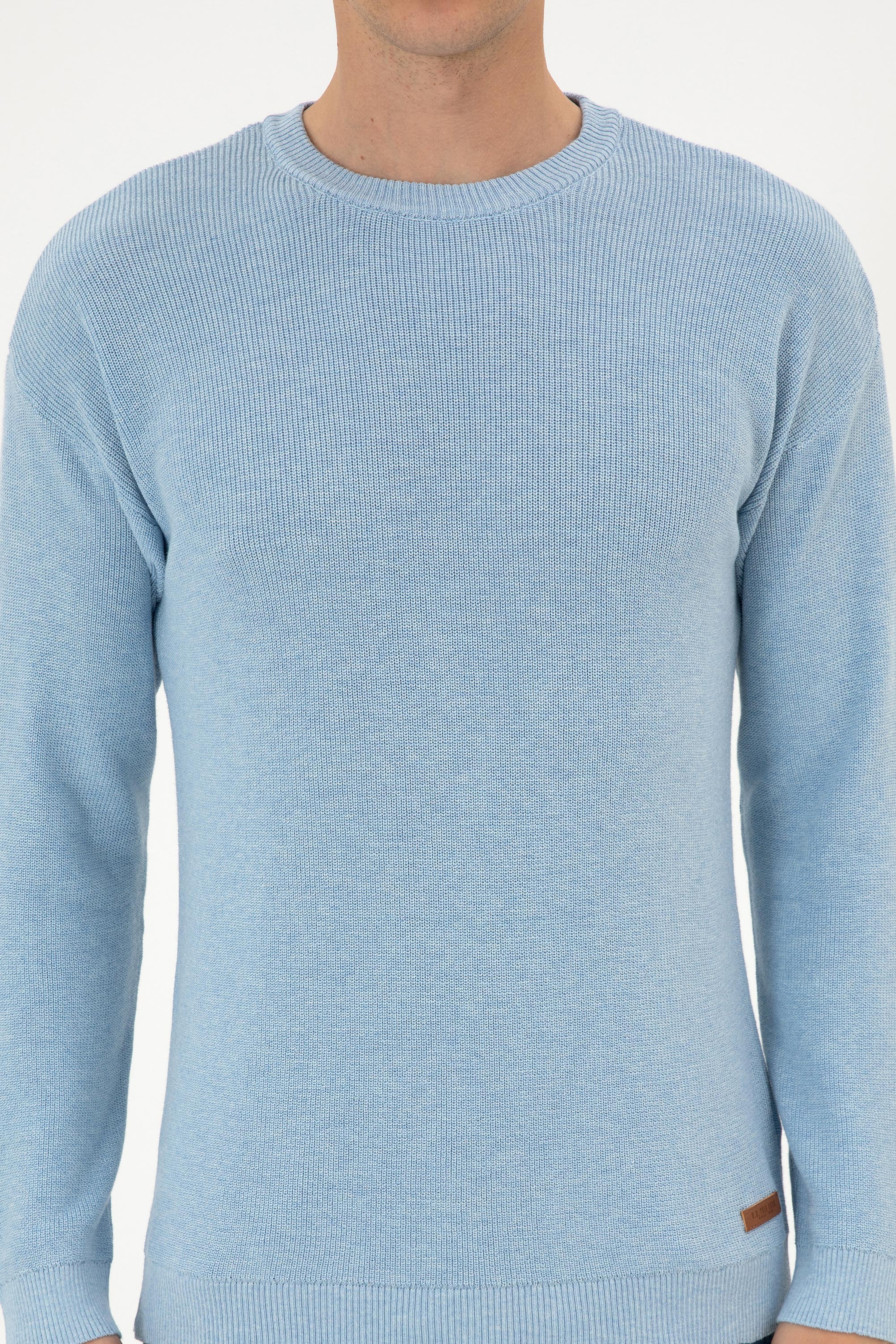 Erkek Comfort Fit Bisiklet Yaka Açık Mavi Melanj Basic Kazak - Image 6