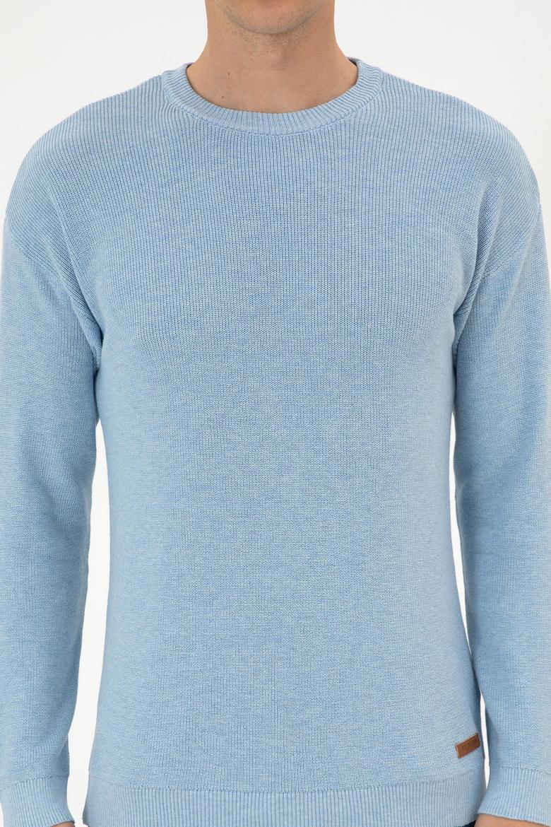 Erkek Comfort Fit Bisiklet Yaka Açık Mavi Melanj Basic Kazak - 50313679017