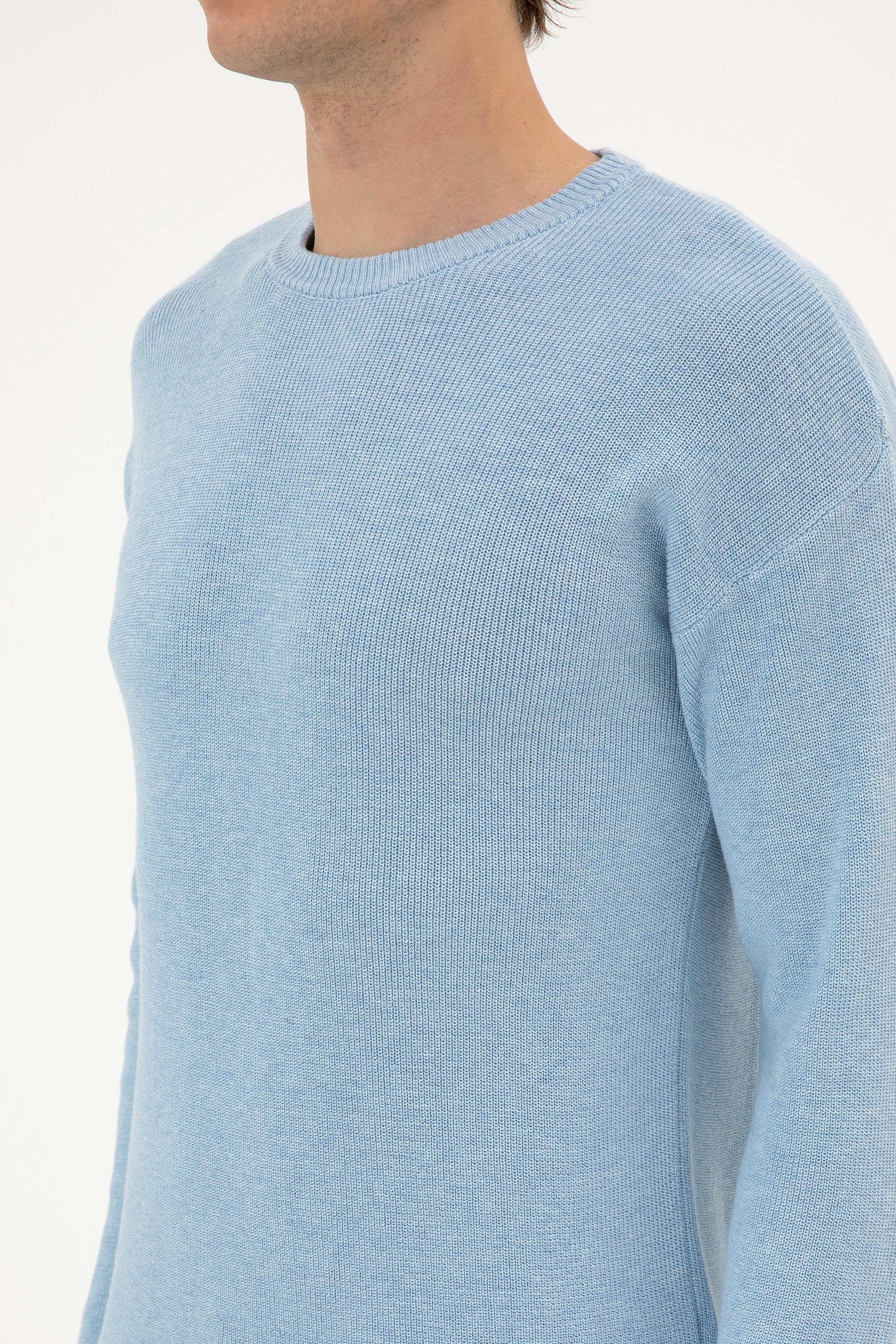 Erkek Comfort Fit Bisiklet Yaka Açık Mavi Melanj Basic Kazak - Image 7