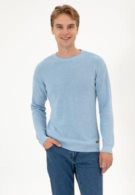 Erkek Comfort Fit Bisiklet Yaka Açık Mavi Melanj Basic Kazak - 50313679017