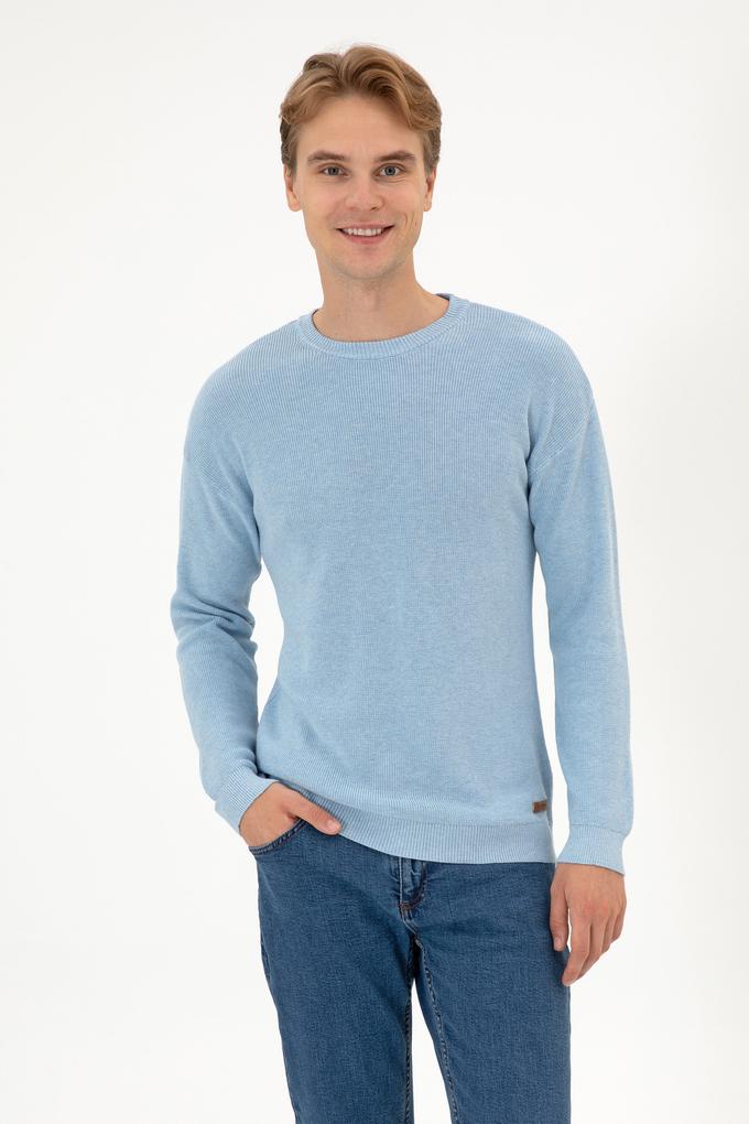 Erkek Comfort Fit Bisiklet Yaka Açık Mavi Melanj Basic Kazak