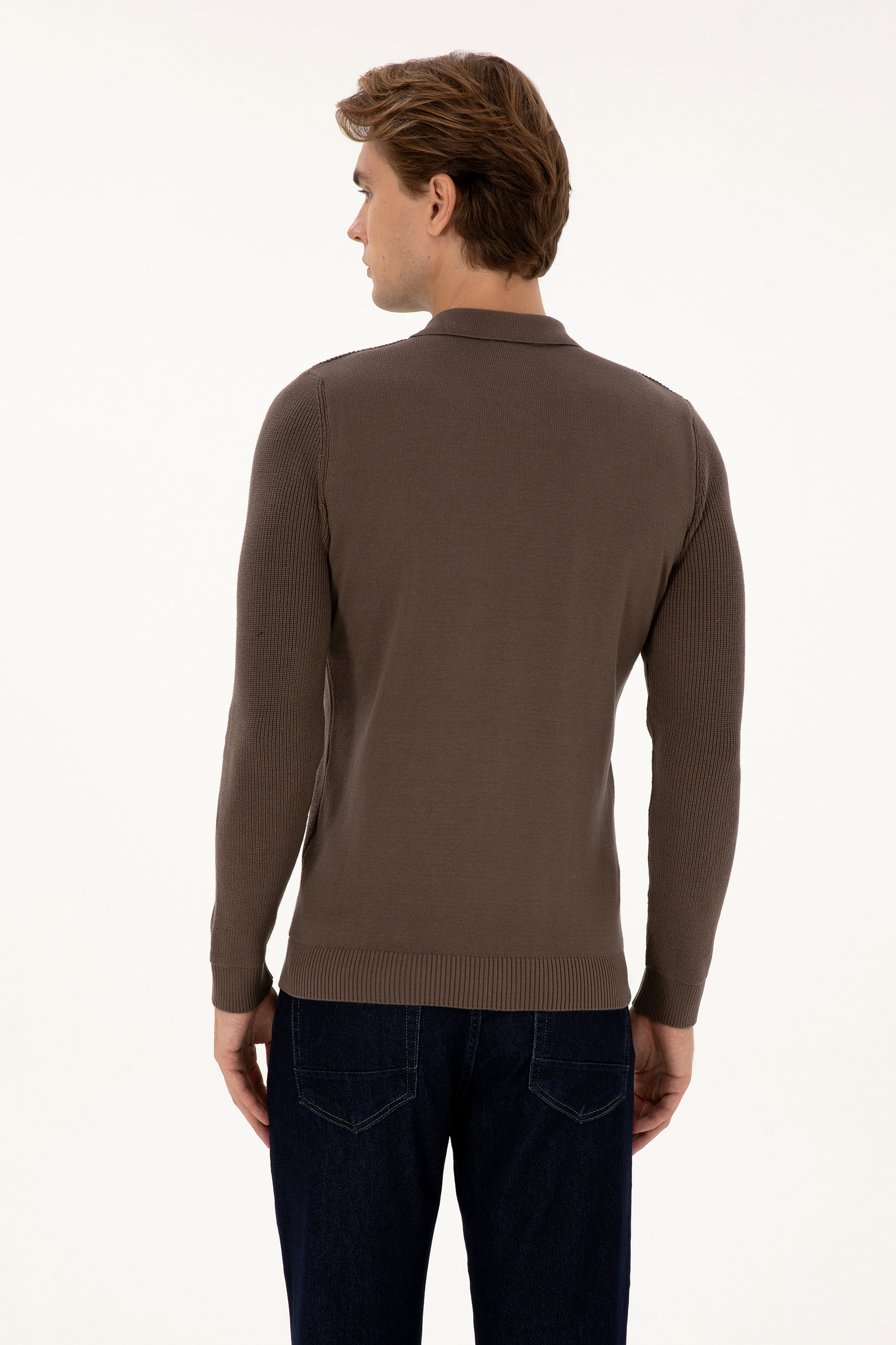 Erkek Regular Fit Yarım Fermuarlı Vizon Basic Kazak - Image 5
