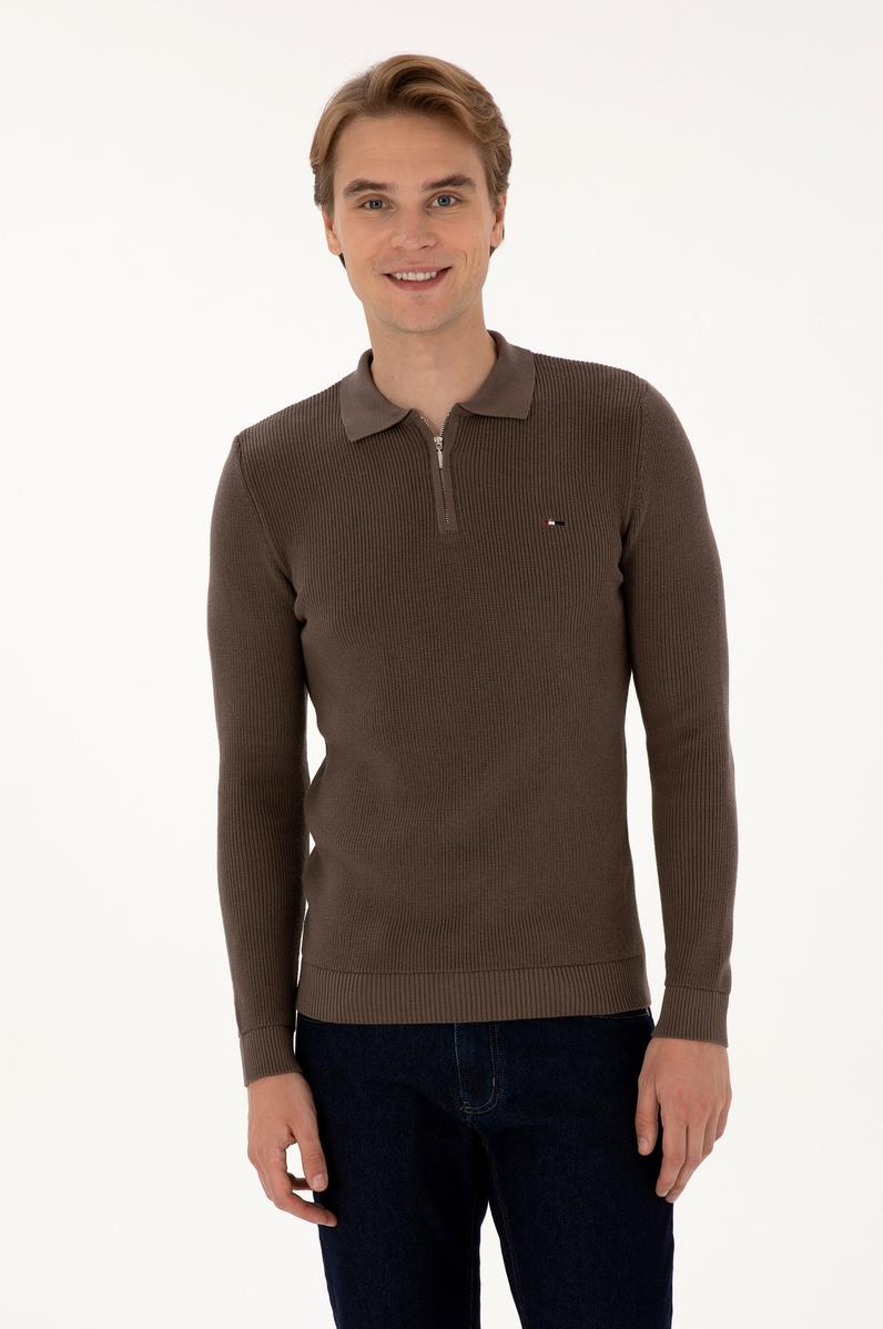 Erkek Regular Fit Fermuarlı Vizon Basic Kazak