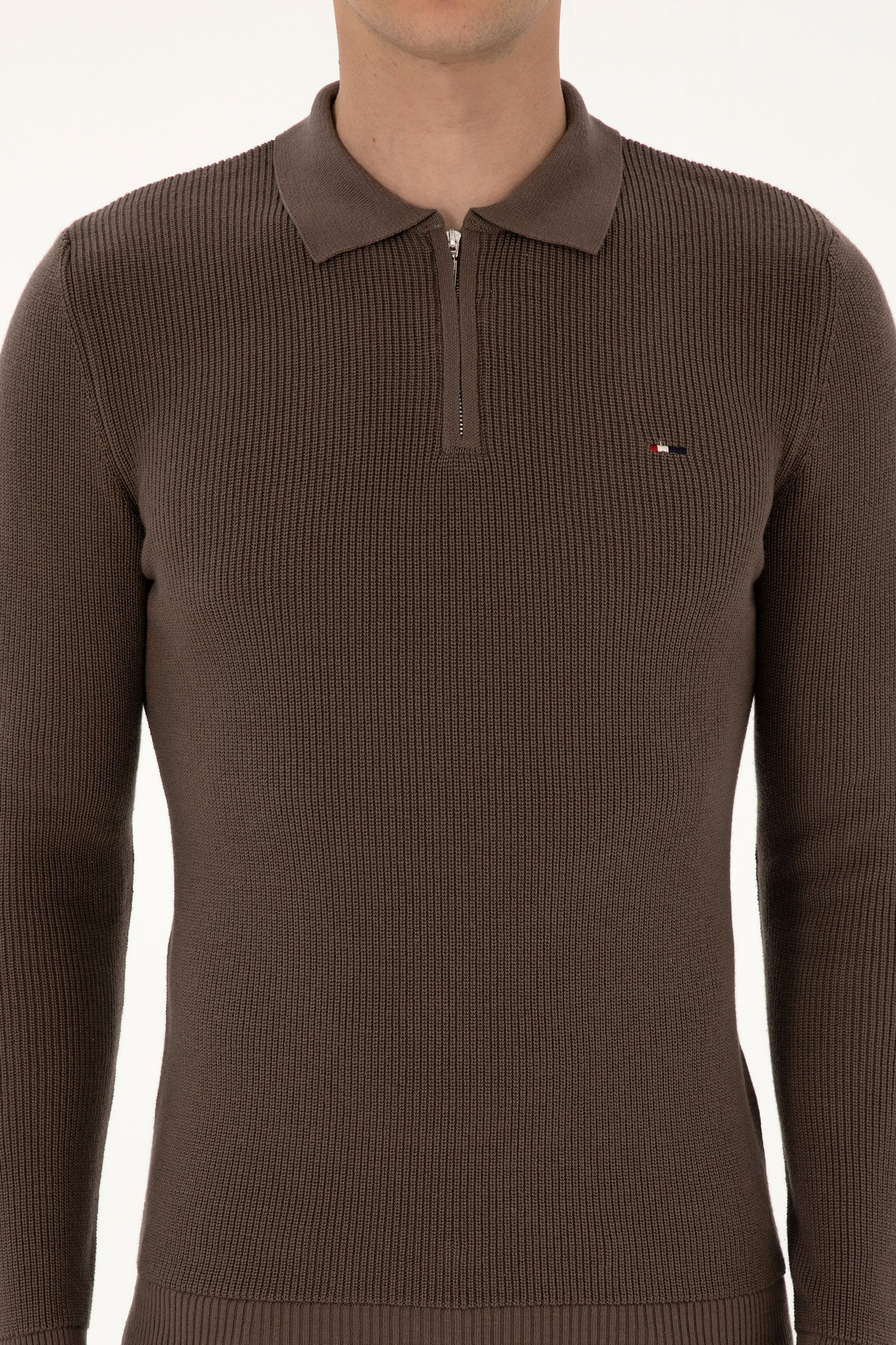 Erkek Regular Fit Yarım Fermuarlı Vizon Basic Kazak - Image 6