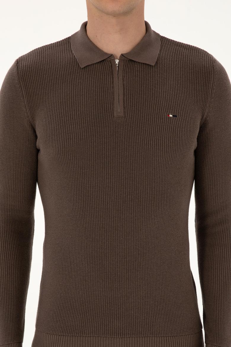 Erkek Regular Fit Fermuarlı Vizon Basic Kazak - 50313685080