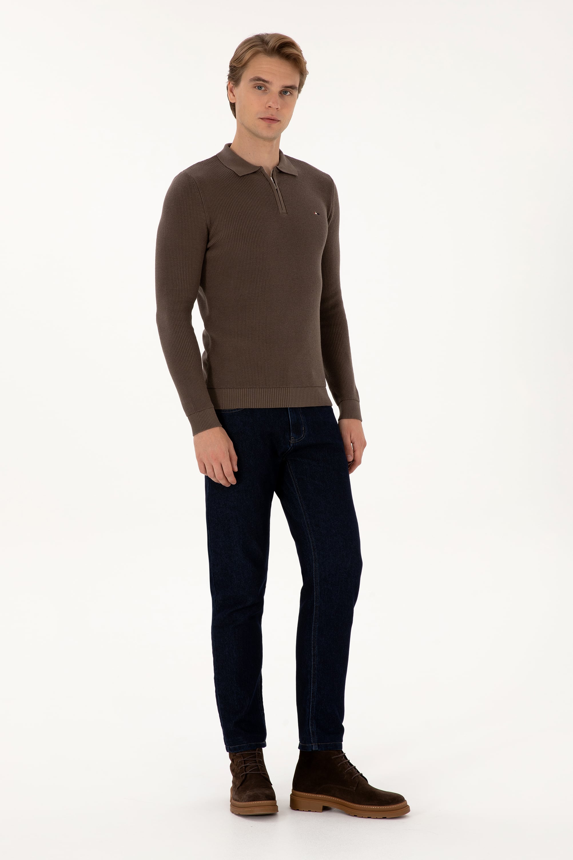 Erkek Regular Fit Yarım Fermuarlı Vizon Basic Kazak - Image 4