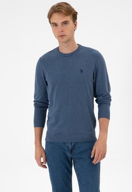 Erkek Slim Fit Bisiklet Yaka Koyu Mavi Melanj Basic Kazak - 50313713145