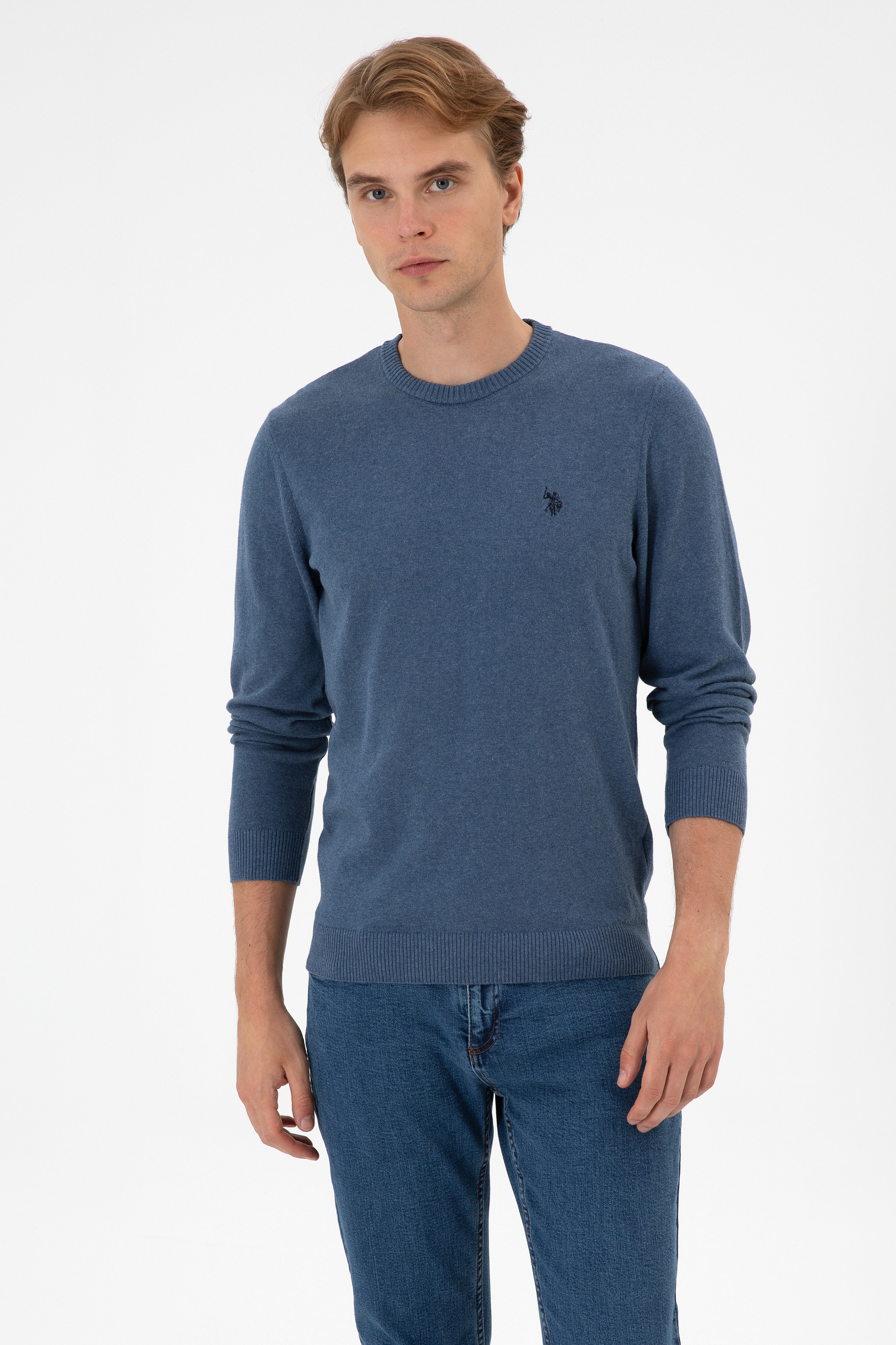 Erkek Slim Fit Bisiklet Yaka Koyu Mavi Melanj Basic Kazak - Image 1