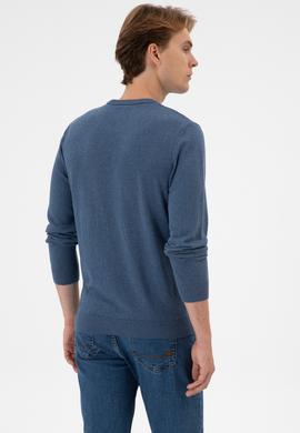 Erkek Slim Fit Bisiklet Yaka Koyu Mavi Melanj Basic Kazak - 50313713145