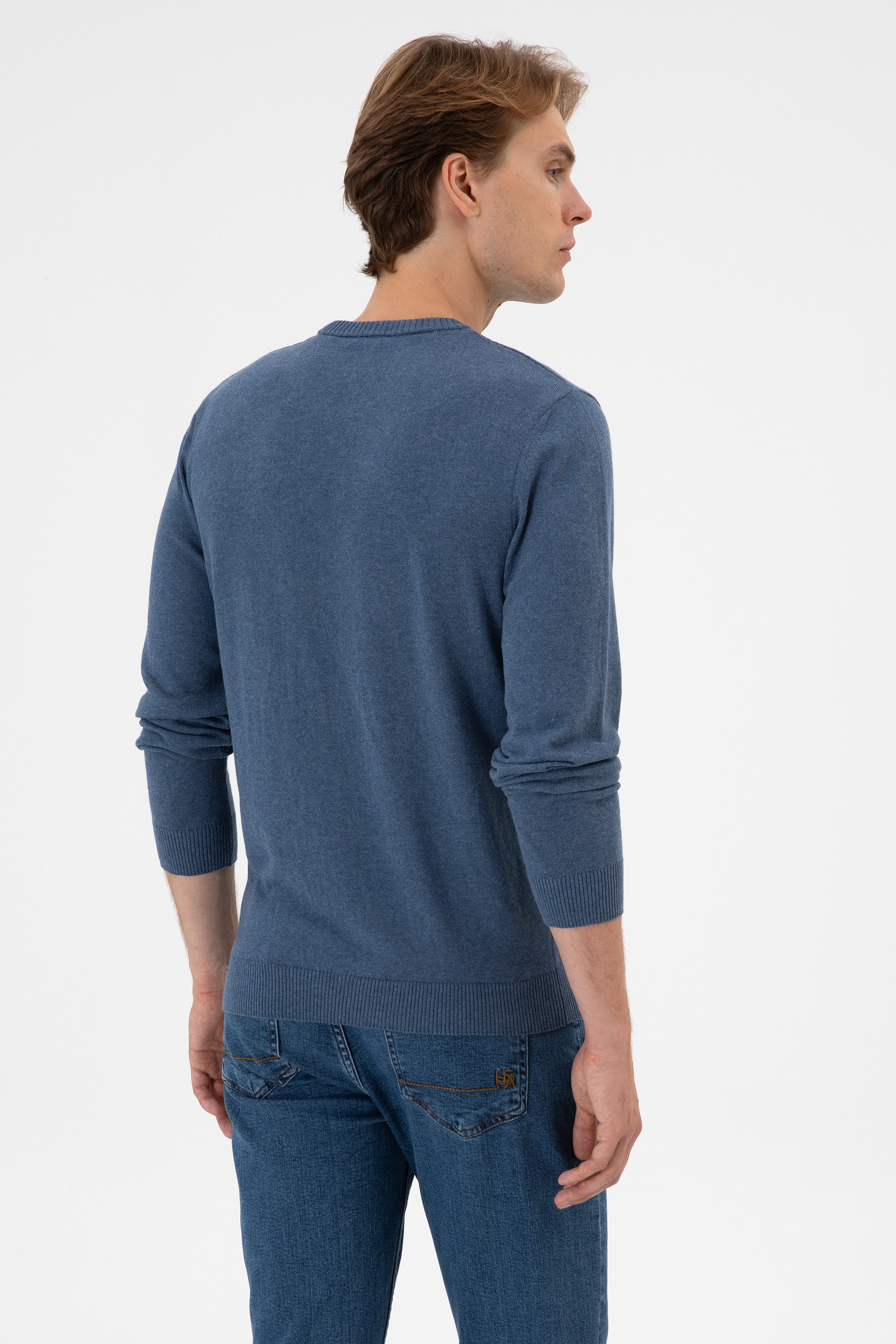 Erkek Slim Fit Bisiklet Yaka Koyu Mavi Melanj Basic Kazak