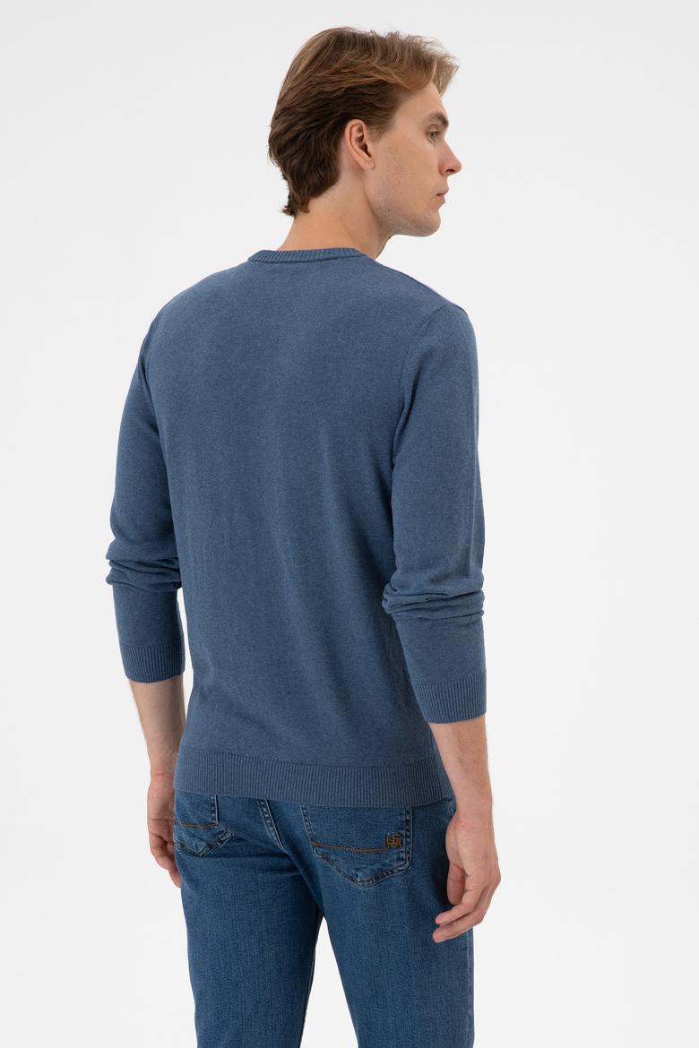 Erkek Slim Fit Bisiklet Yaka Koyu Mavi Melanj Basic Kazak - 50313713145