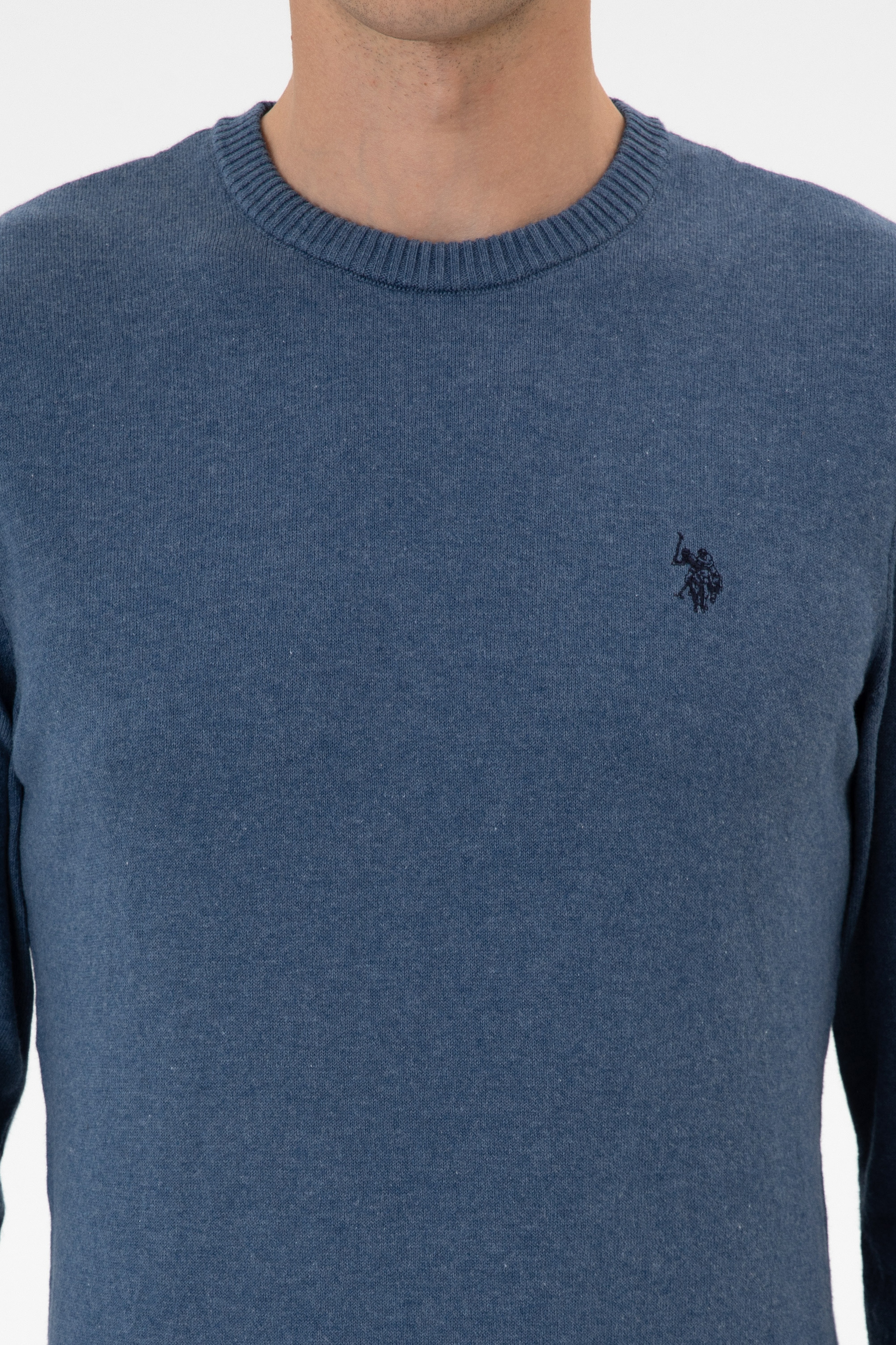 Erkek Slim Fit Bisiklet Yaka Koyu Mavi Melanj Basic Kazak
