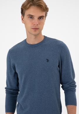 Erkek Slim Fit Bisiklet Yaka Koyu Mavi Melanj Basic Kazak - 50313713145