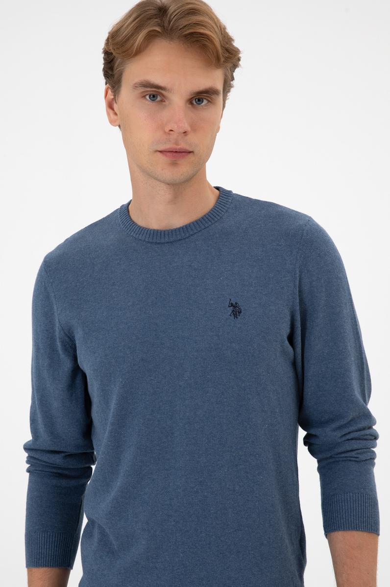 Erkek Slim Fit Bisiklet Yaka Koyu Mavi Melanj Basic Kazak