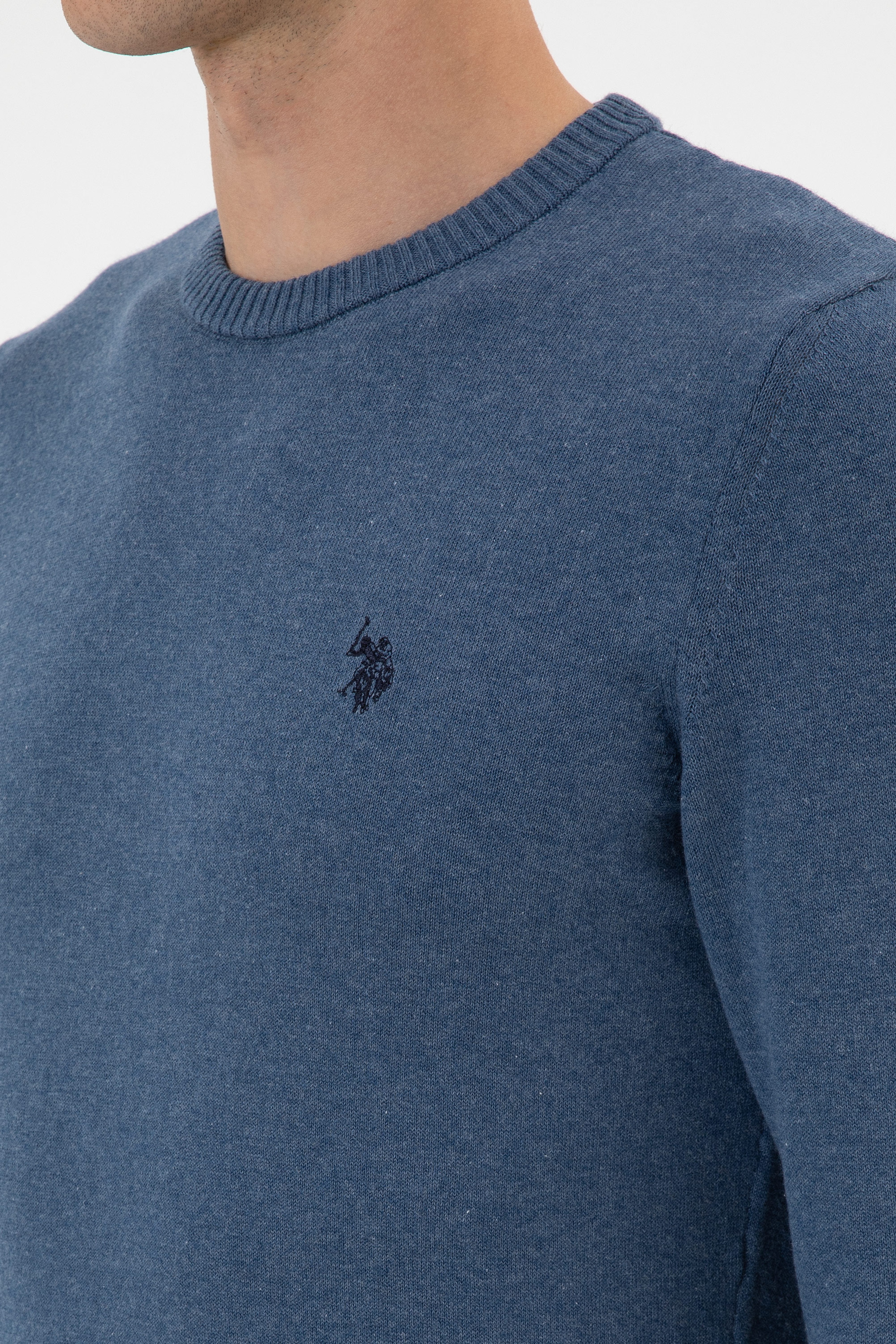 Erkek Slim Fit Bisiklet Yaka Koyu Mavi Melanj Basic Kazak - Image 7