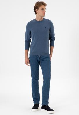 Erkek Slim Fit Bisiklet Yaka Koyu Mavi Melanj Basic Kazak - 50313713145