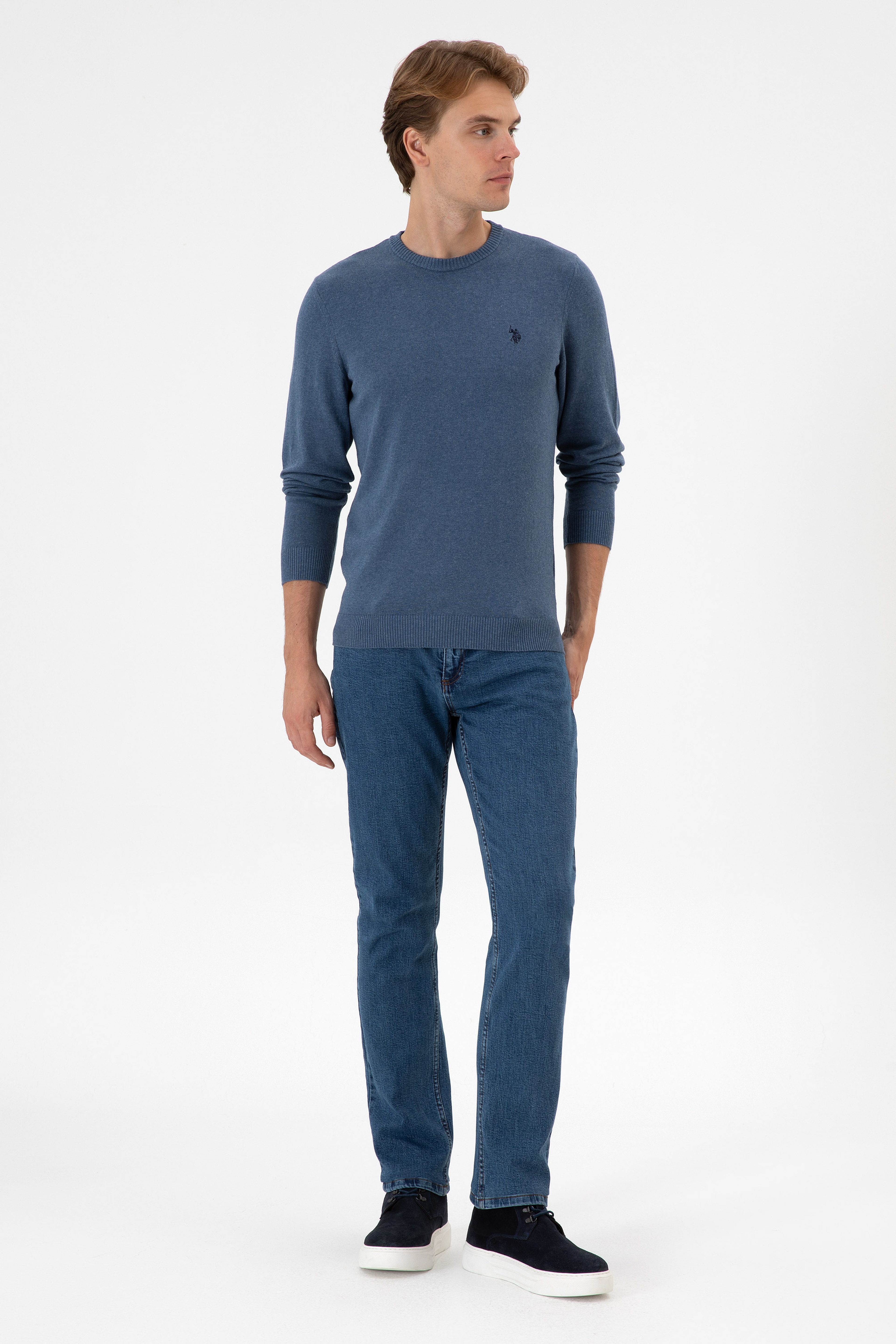 Erkek Slim Fit Bisiklet Yaka Koyu Mavi Melanj Basic Kazak - Image 4