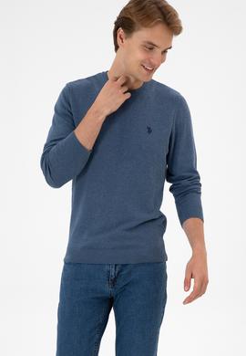 Erkek Slim Fit Bisiklet Yaka Koyu Mavi Melanj Basic Kazak - 50313713145